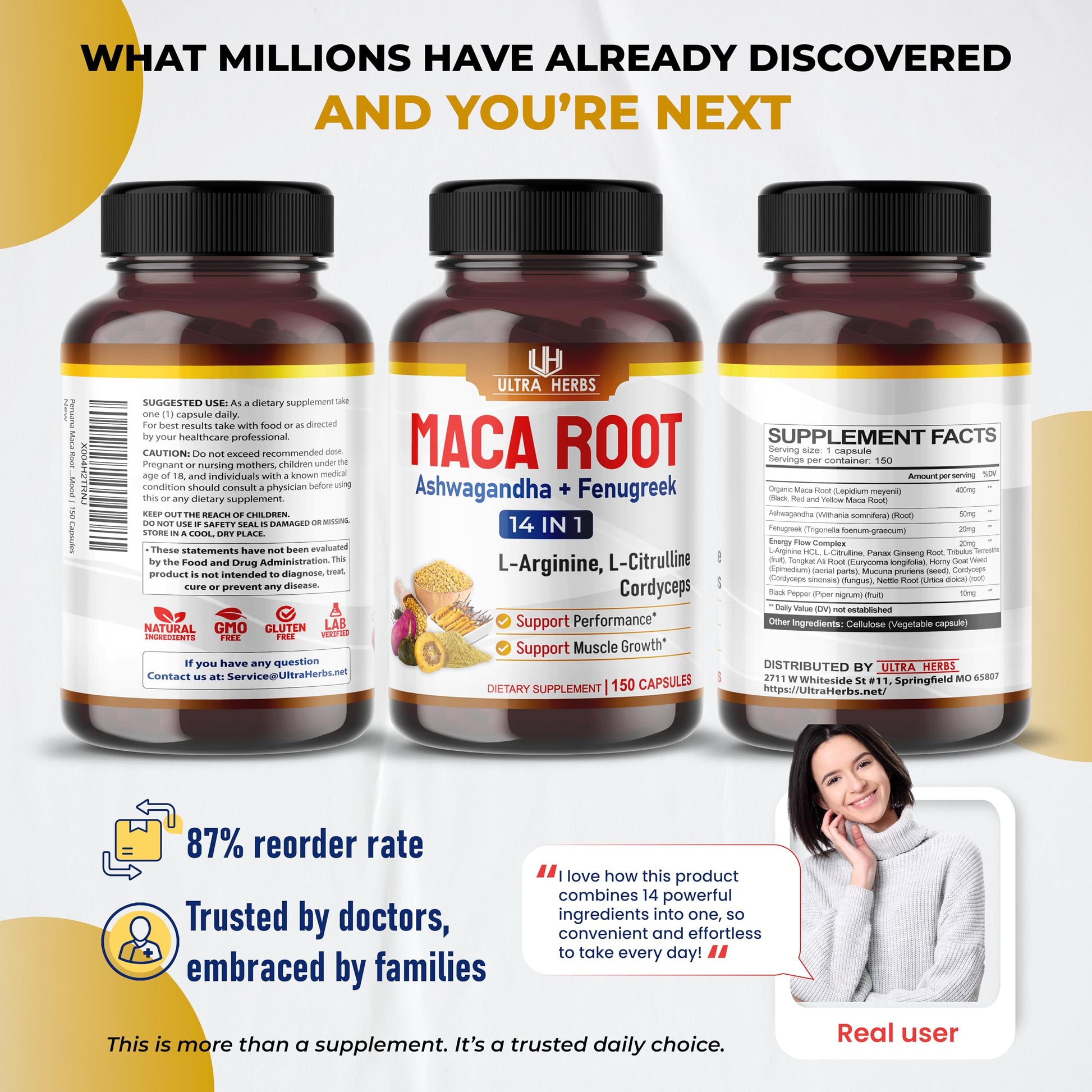 Peruana Maca Root Black, Red, Yellow | Maca Root Capsules Enhanced with Ginseng, Ashwagandha, Fenugreek | Support Stamina, Performance & Mood | 150 Capsules - Medaid International