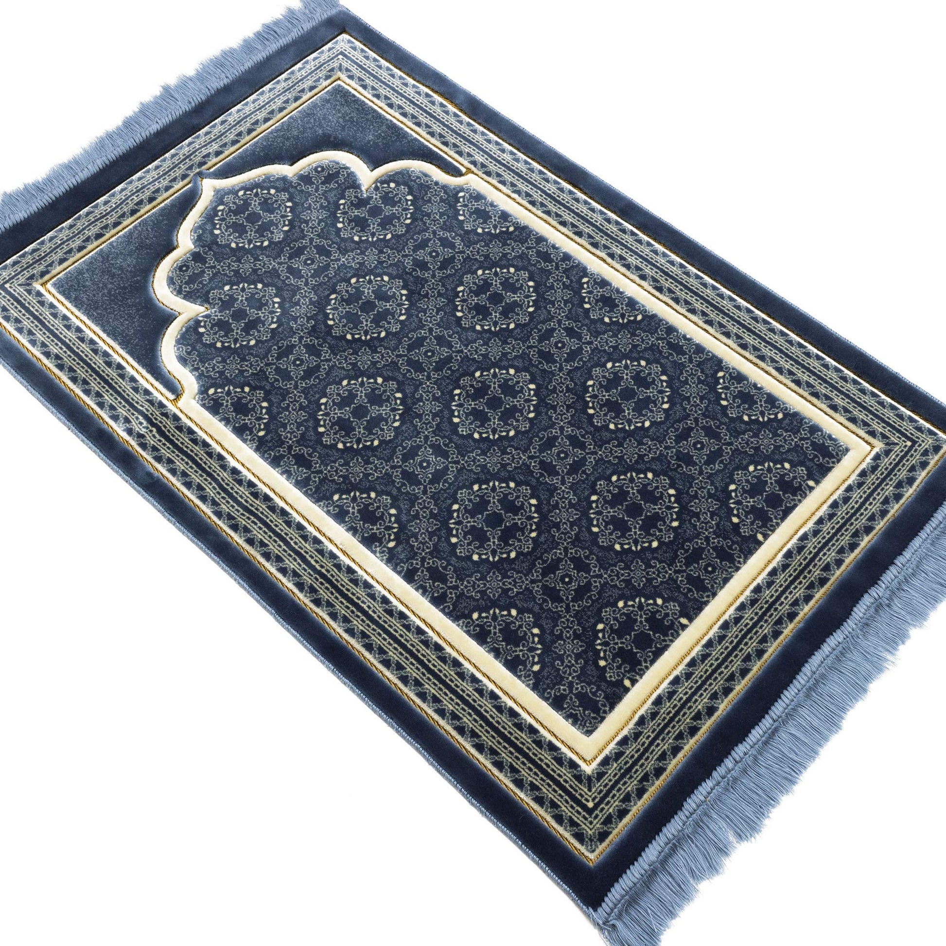 Modefa Turkish Islamic Prayer Rug - Soft Velvet Janamaz Praying Carpet - Comfortable Muslim Praying Mat for Men & Women - Ramadan or Eid Gift - with Kufi Prayer Cap - Elegant Swirl (Blue) - Medaid International