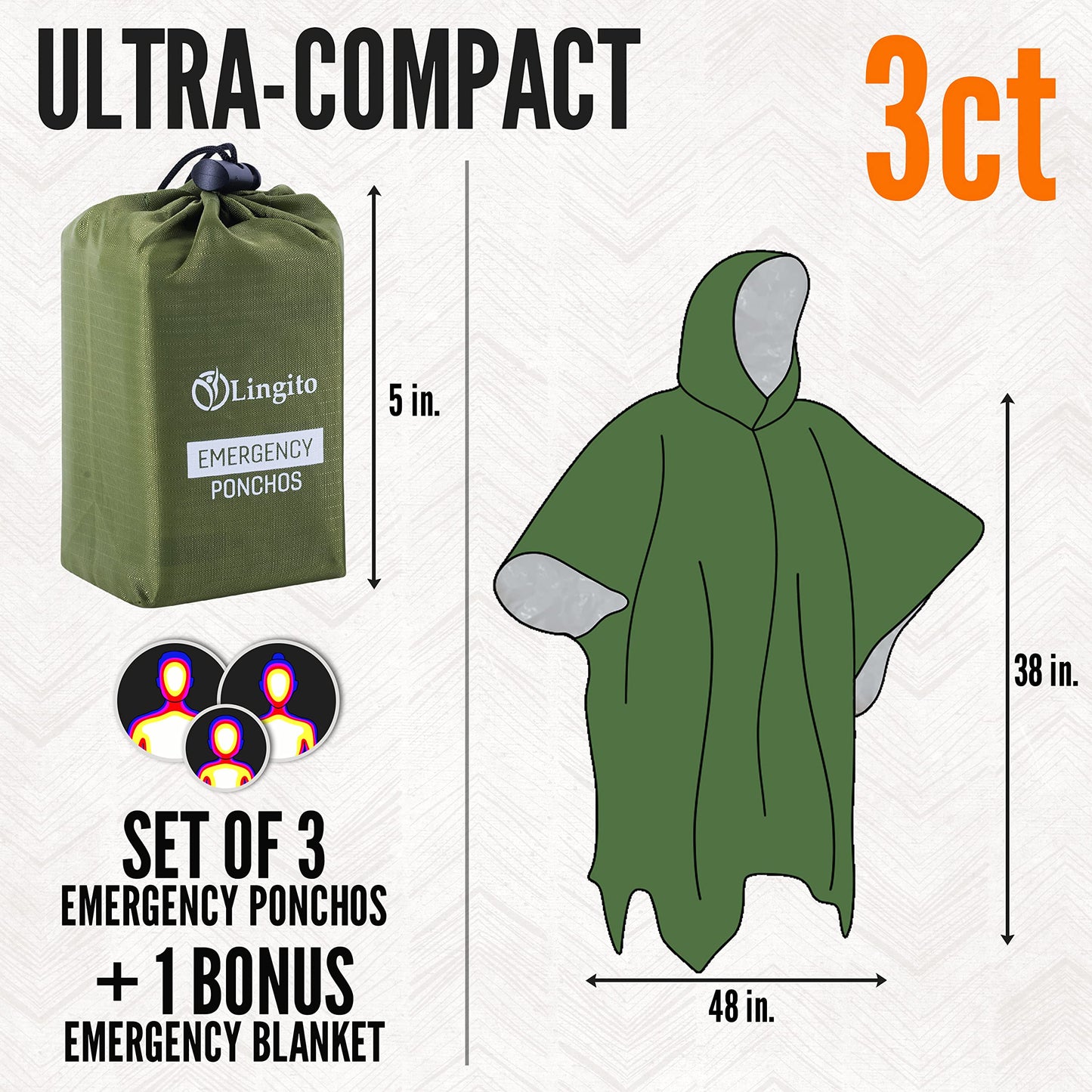 Lingito Emergency Rain Poncho - Thermal Survival, Insulated - Camping, Hiking, Traveling; Bonus Mylar Tarp Blanket; Waterproof, Packed in Ripstop Case (3 + 1 Pack - Green)