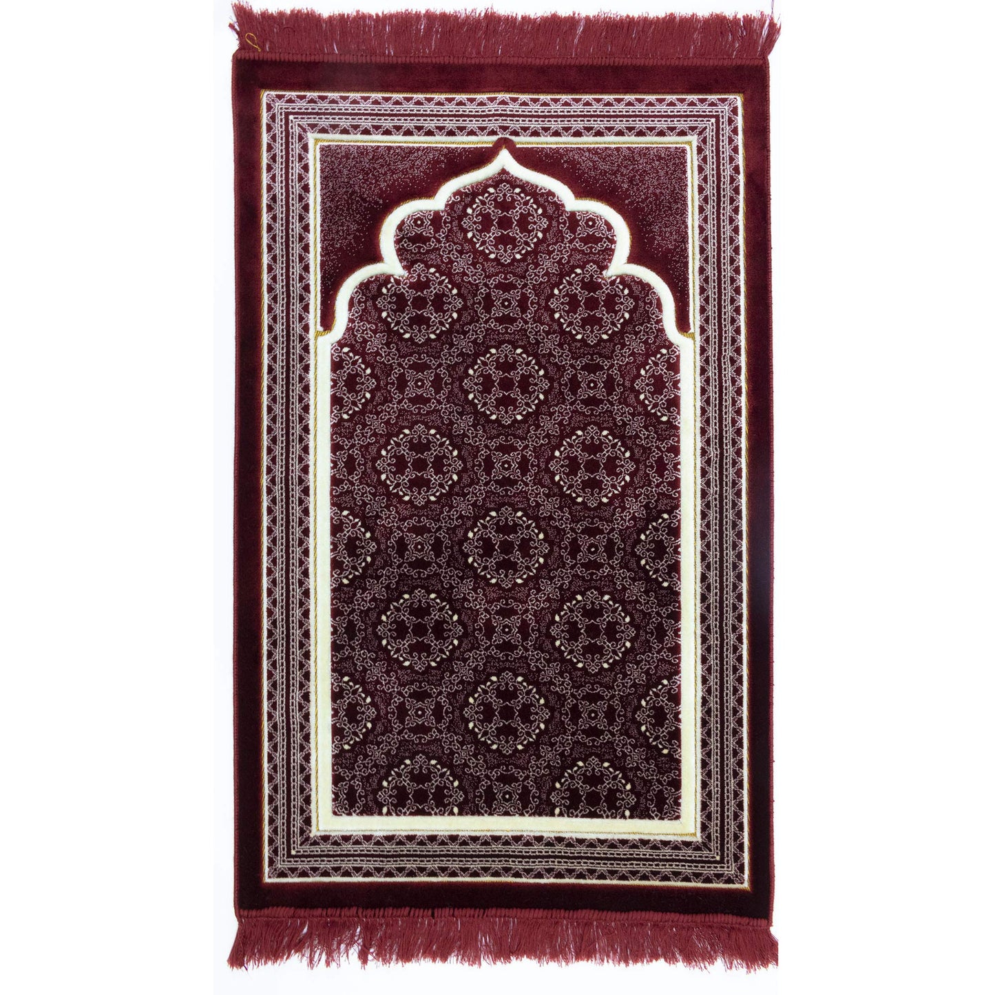 Modefa Turkish Islamic Prayer Rug - Soft Velvet Janamaz Praying Carpet - Comfortable Muslim Praying Mat for Men & Women - Ramadan or Eid Gift - with Kufi Prayer Cap - Elegant Swirl (Red) - Medaid International