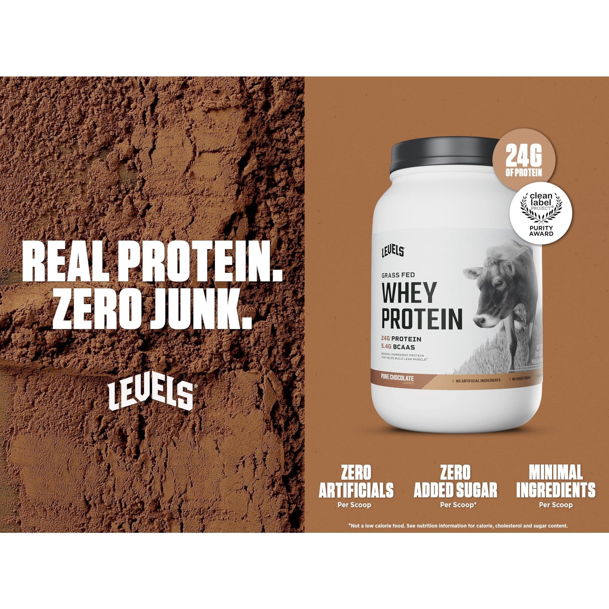 Levels Grass Fed Whey Protein Powder, No Artificials, 24G of Protein, Pure Chocolate, 2LB - Medaid International