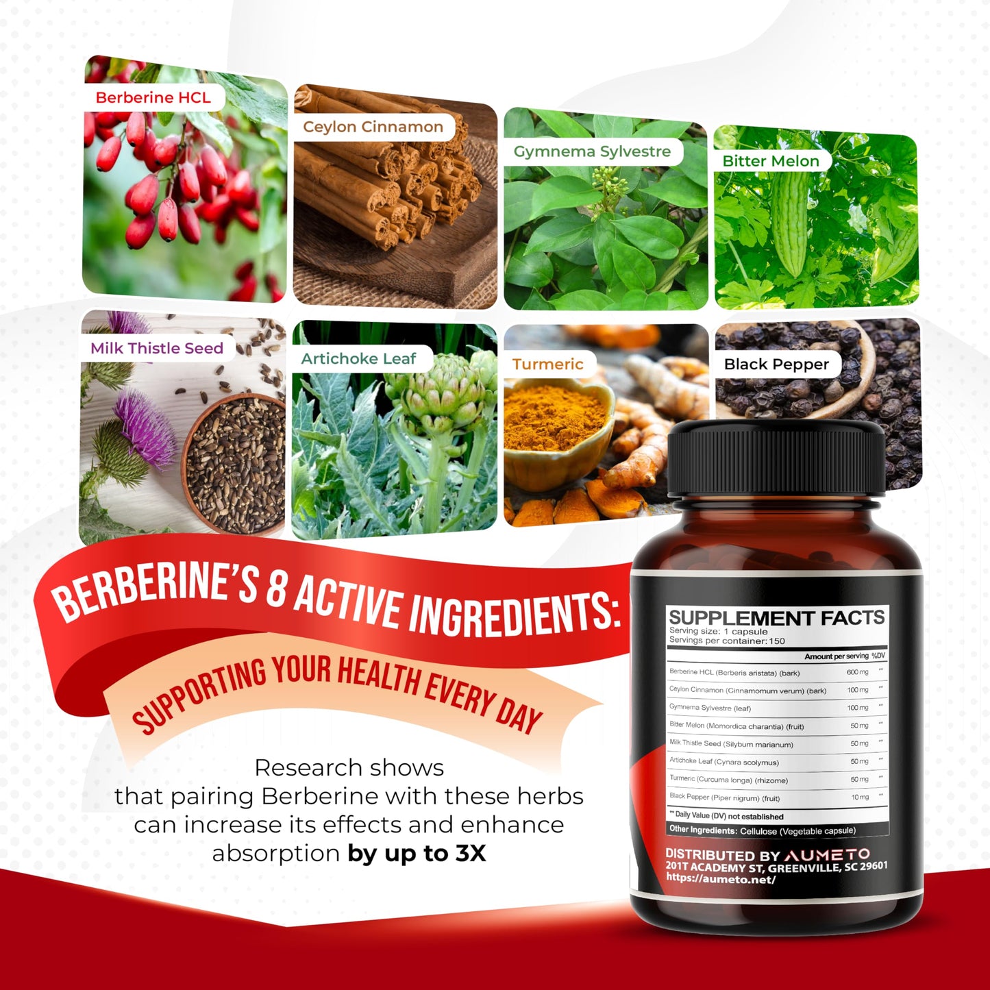Berberine Supplement - Enhanced with Ceylon Cinnamon, Turmeric, Milk Thistle, Bitter Melon for Digestion, Immunity & Weight Managament (150 Count (Pack of 1)) - Medaid International