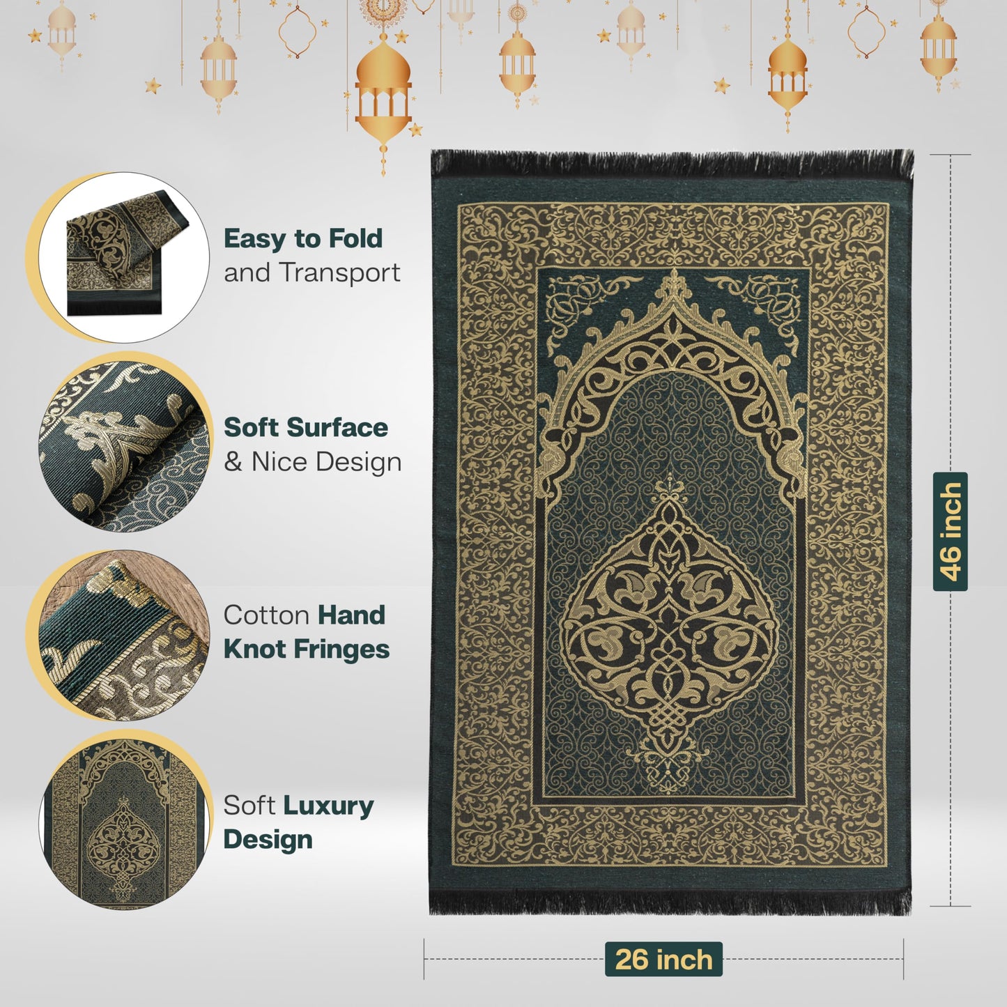 SUMELA Muslim Prayer Rug with Islam Prayer Beads - Travel Prayer Mat, Islamic Gifts for Women, Portable Prayer Matt Islam, Islamic Prayer Rug Islam Men Women, Praying Mat for Muslim Gifts, Green - Medaid International