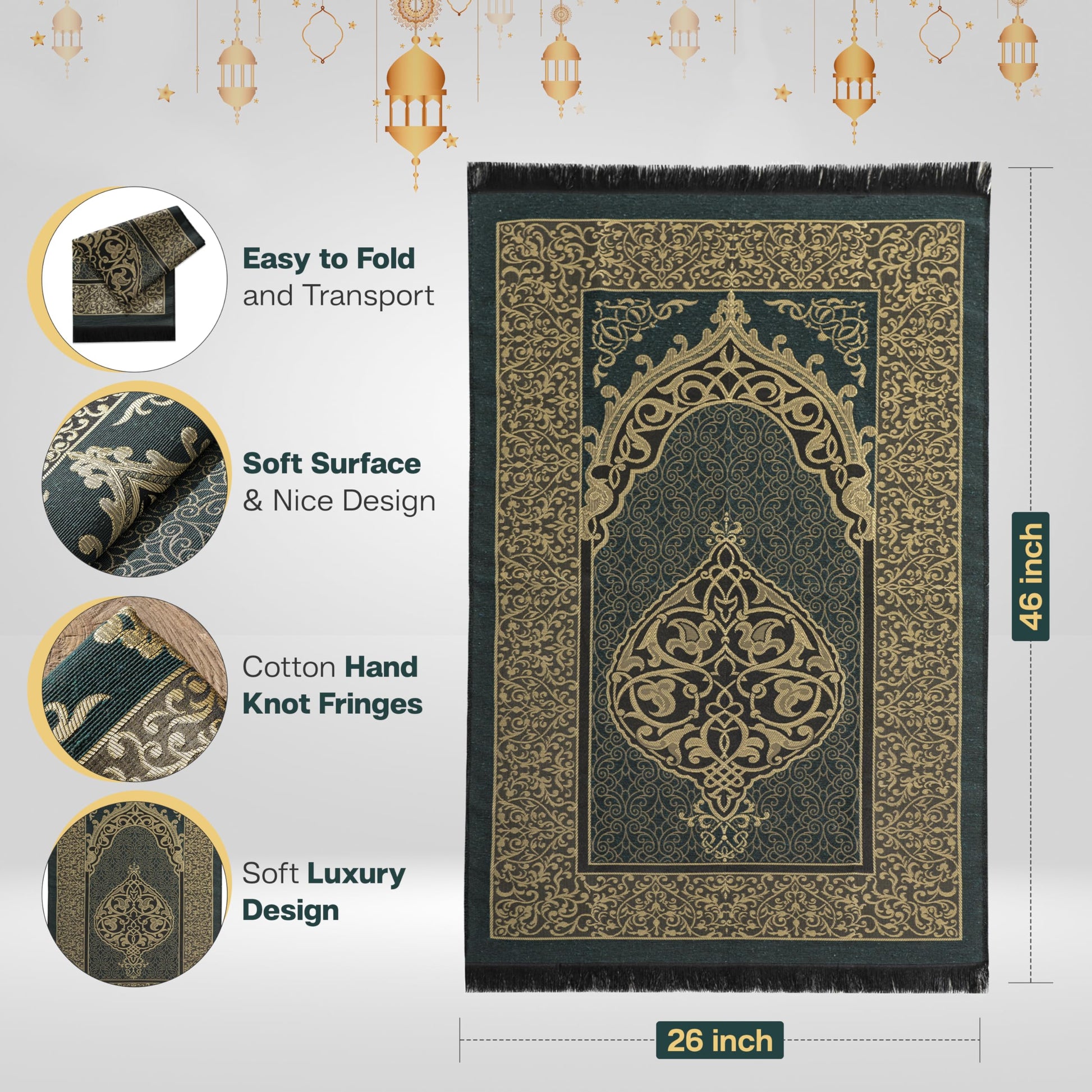 SUMELA Muslim Prayer Rug with Islam Prayer Beads - Travel Prayer Mat, Islamic Gifts for Women, Portable Prayer Matt Islam, Islamic Prayer Rug Islam Men Women, Praying Mat for Muslim Gifts, Green - Medaid International