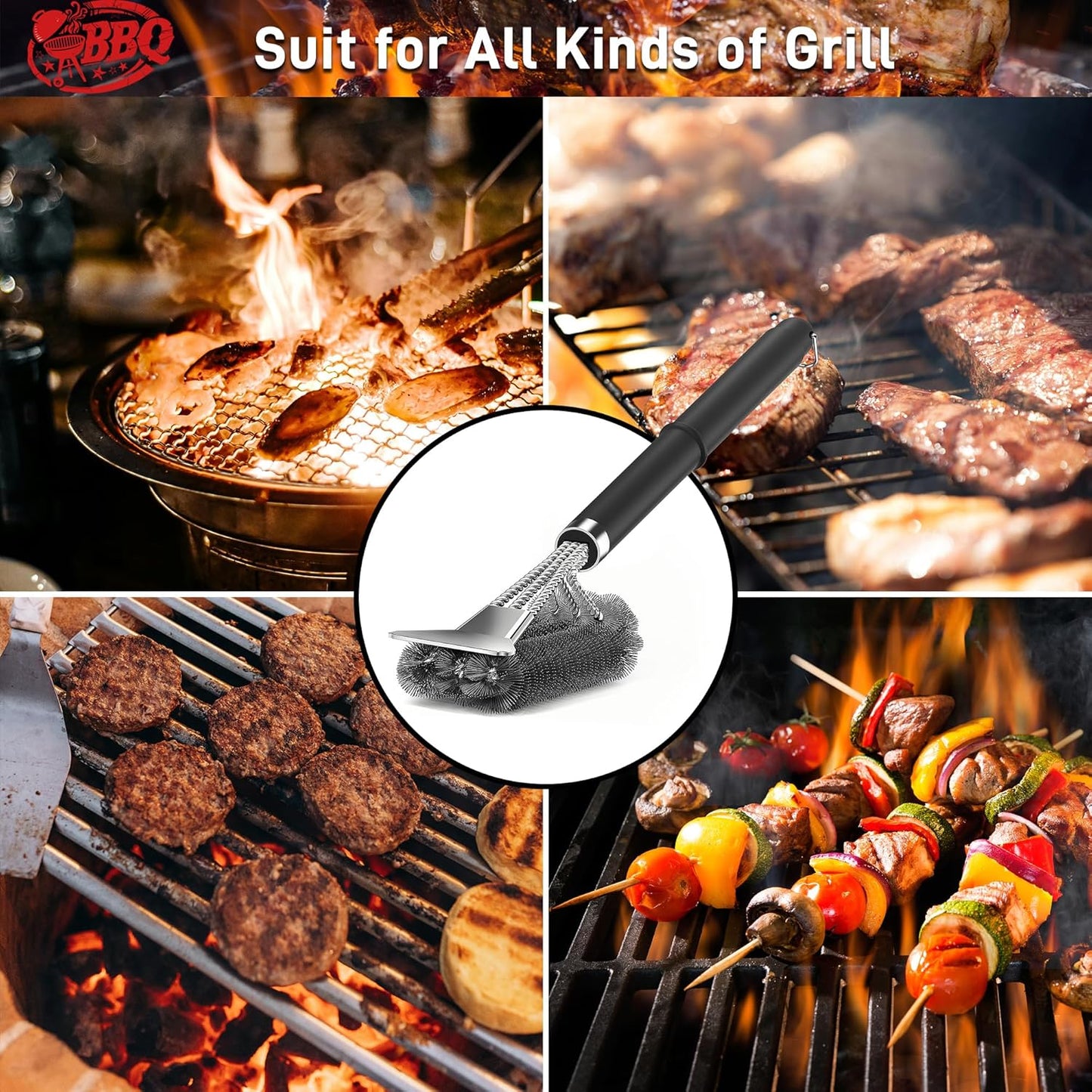 18” BBQ Grill Brush with Scraper – Heavy-Duty Cleaner