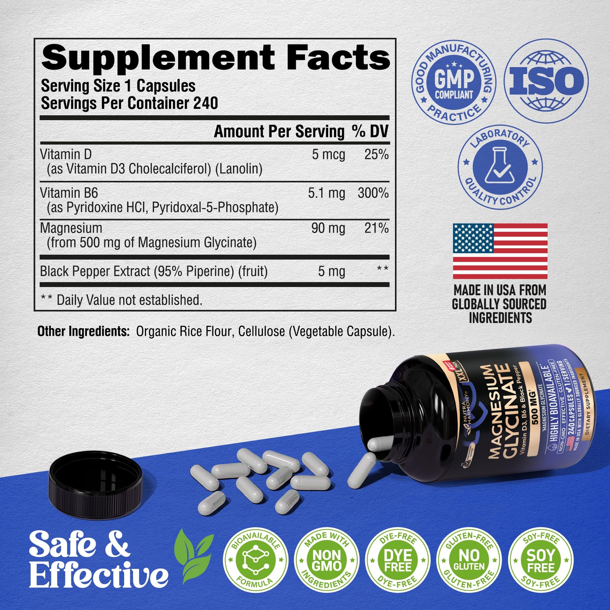 Magnesium Glycinate 500 mg - Chelated Supplement - 98% High Absorption - Support for Sleep, Muscle & Heart Health - Made in USA, Lab Tested & Non-GMO - 240 Capsules - Medaid International