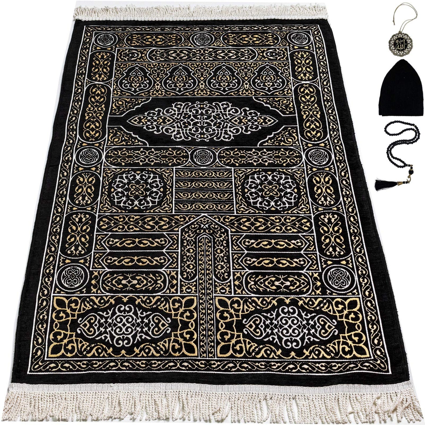 Modefa Turkish Islamic Prayer Mat Muslim Prayer Rug Islam Men Women Chenille with Praying Cap, Beads | Full Kaba Door Swirl Intricate Design (Black) - Medaid International