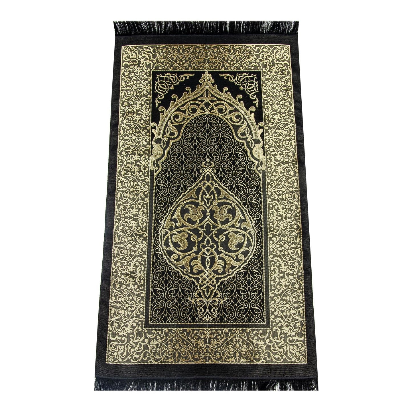 ihvan Online Muslim Prayer Rug and Beads with Portable Elegant Fabric Bag, Janamaz, Sajadah, Soft Islamic Prayers Rug, Islamic Gifts for Eid Ramadan, Travel Prayer Carpet Mat, Taffeta Fabric, Black - Medaid International