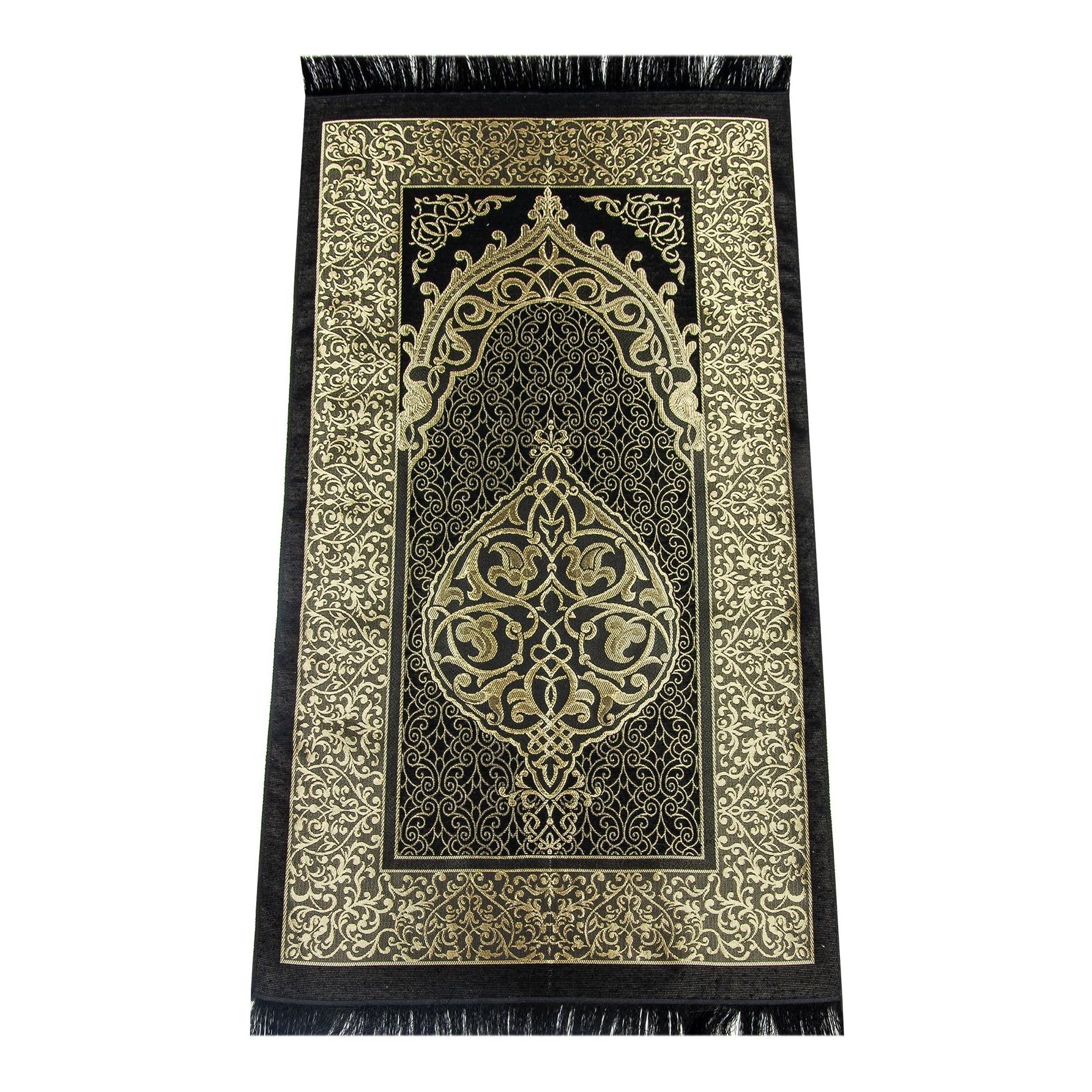 ihvan Online Muslim Prayer Rug and Beads with Portable Elegant Fabric Bag, Janamaz, Sajadah, Soft Islamic Prayers Rug, Islamic Gifts for Eid Ramadan, Travel Prayer Carpet Mat, Taffeta Fabric, Black - Medaid International
