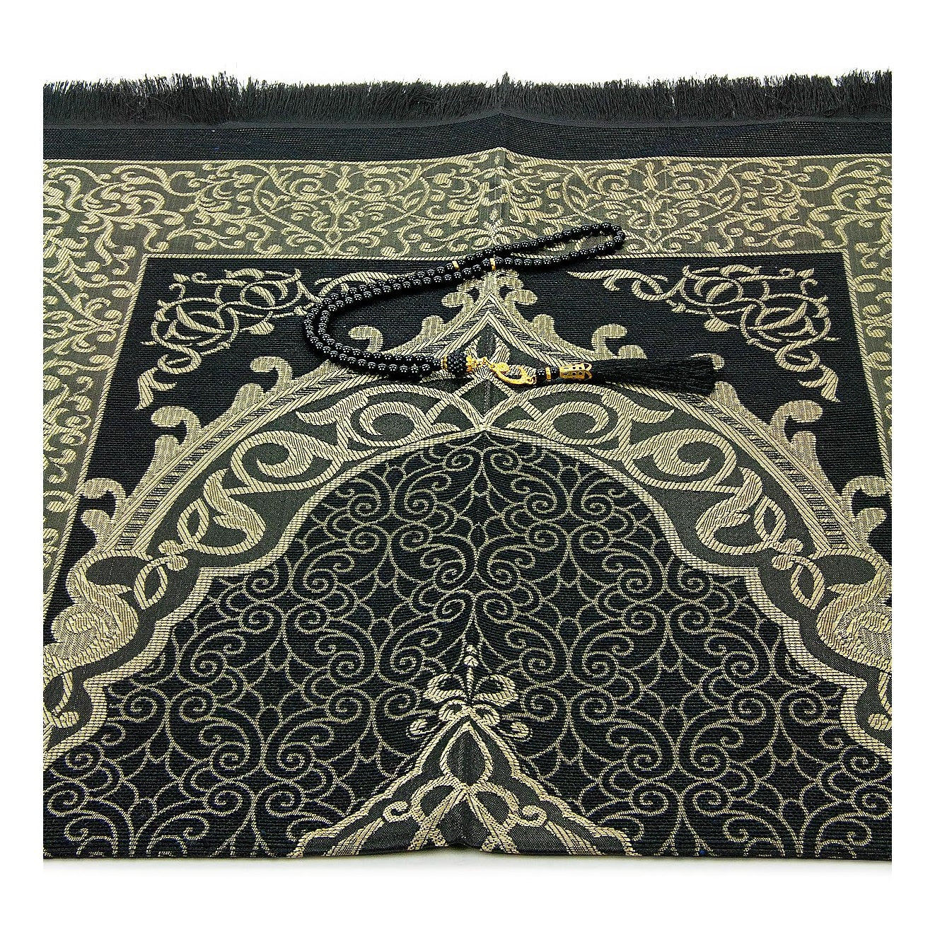 ihvan Online Muslim Prayer Rug and Beads with Portable Elegant Fabric Bag, Janamaz, Sajadah, Soft Islamic Prayers Rug, Islamic Gifts for Eid Ramadan, Travel Prayer Carpet Mat, Taffeta Fabric, Black - Medaid International