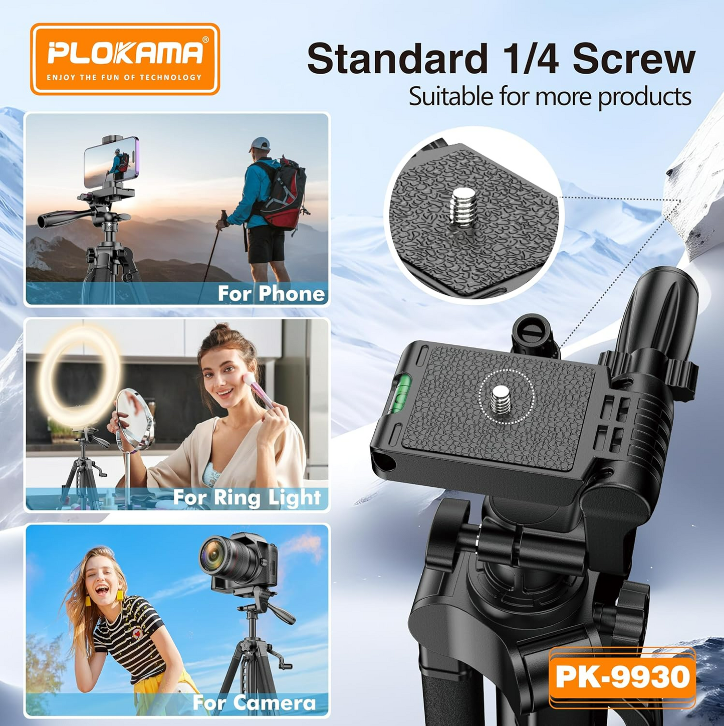 PLOKAMA Professional Tripod 150cm – 360° Rotation with Bluetooth Remote PK-9930