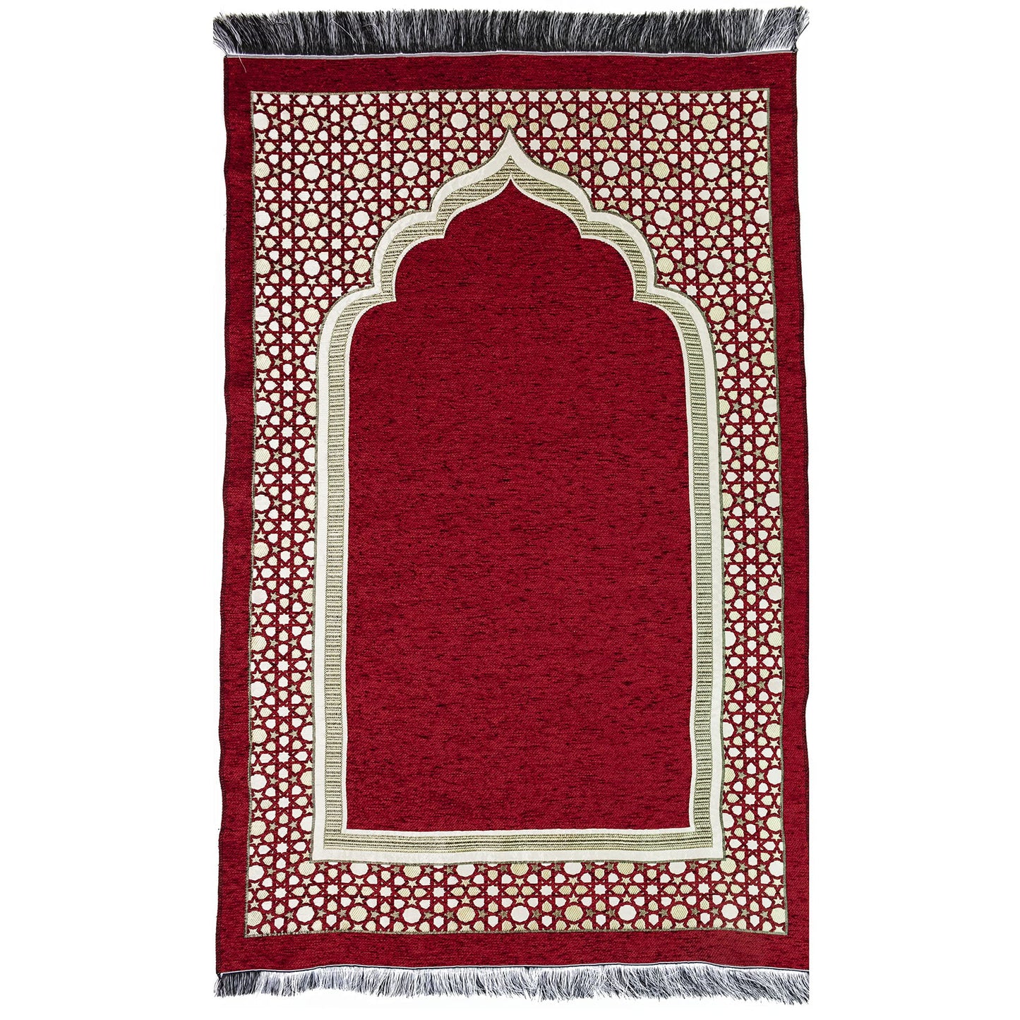 Modefa Turkish Islamic Prayer Mat - Thin Woven Chenille Sajjadah - Intricate Praying Rug Ramadan Eid Gift - Traditional Muslim Janamaz Sajada for Men Women - Geometric Selcuk Star (Red) - Medaid International
