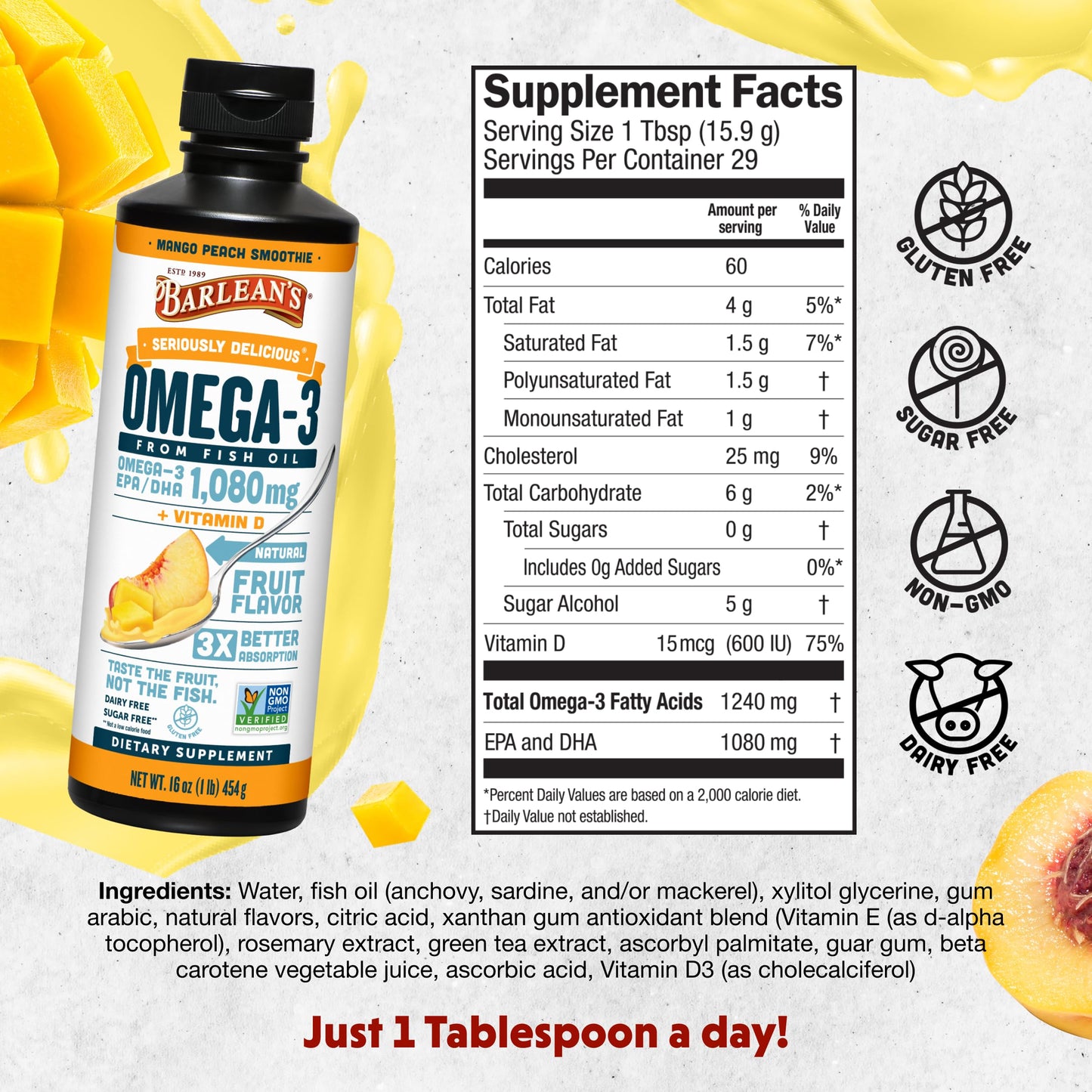 Barlean's Omega 3 Fish Oil Liquid Supplement with Vitamin D for Men and Women, Mango Peach, 1080mg EPA and DHA Fatty Acid, 16 oz - Medaid International