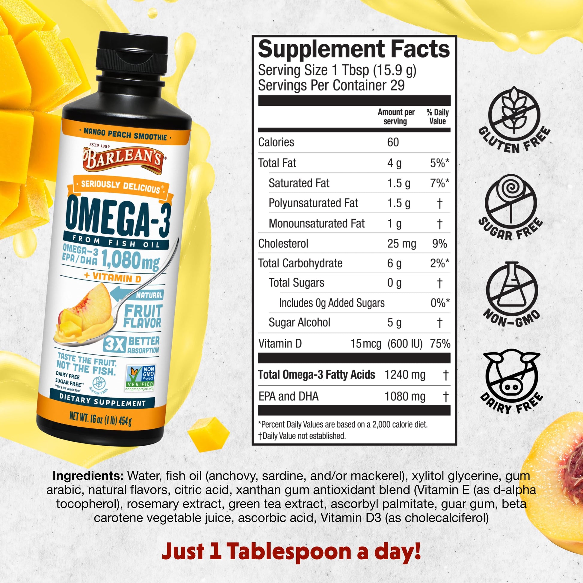 Barlean's Omega 3 Fish Oil Liquid Supplement with Vitamin D for Men and Women, Mango Peach, 1080mg EPA and DHA Fatty Acid, 16 oz - Medaid International