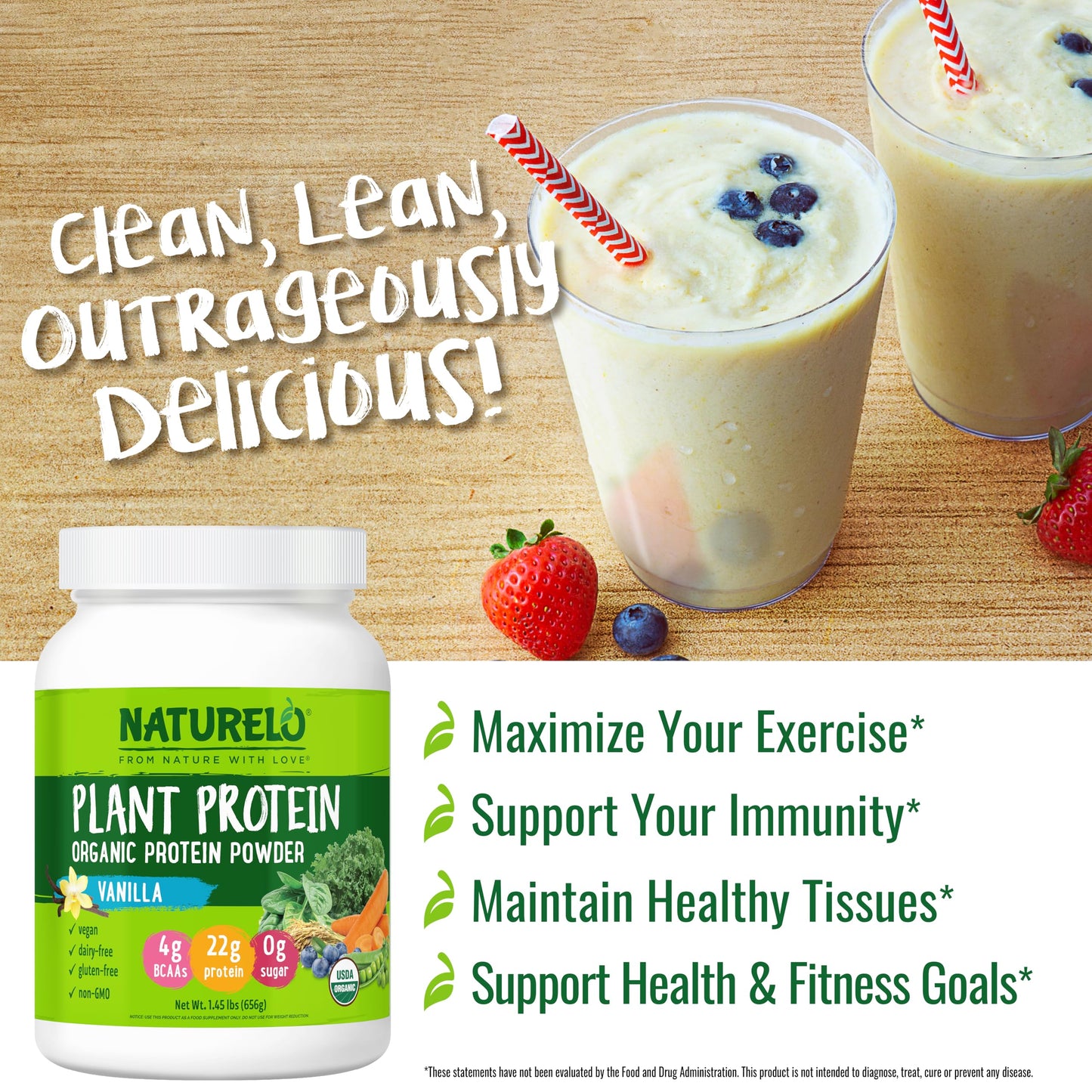 NATURELO Plant Protein Powder, Vanilla, 22g Protein - Non-GMO, Vegan, No Gluten, Dairy, or Soy - No Artificial Flavors, Synthetic Coloring, Preservatives, or Additives - 20 Servings - Medaid International