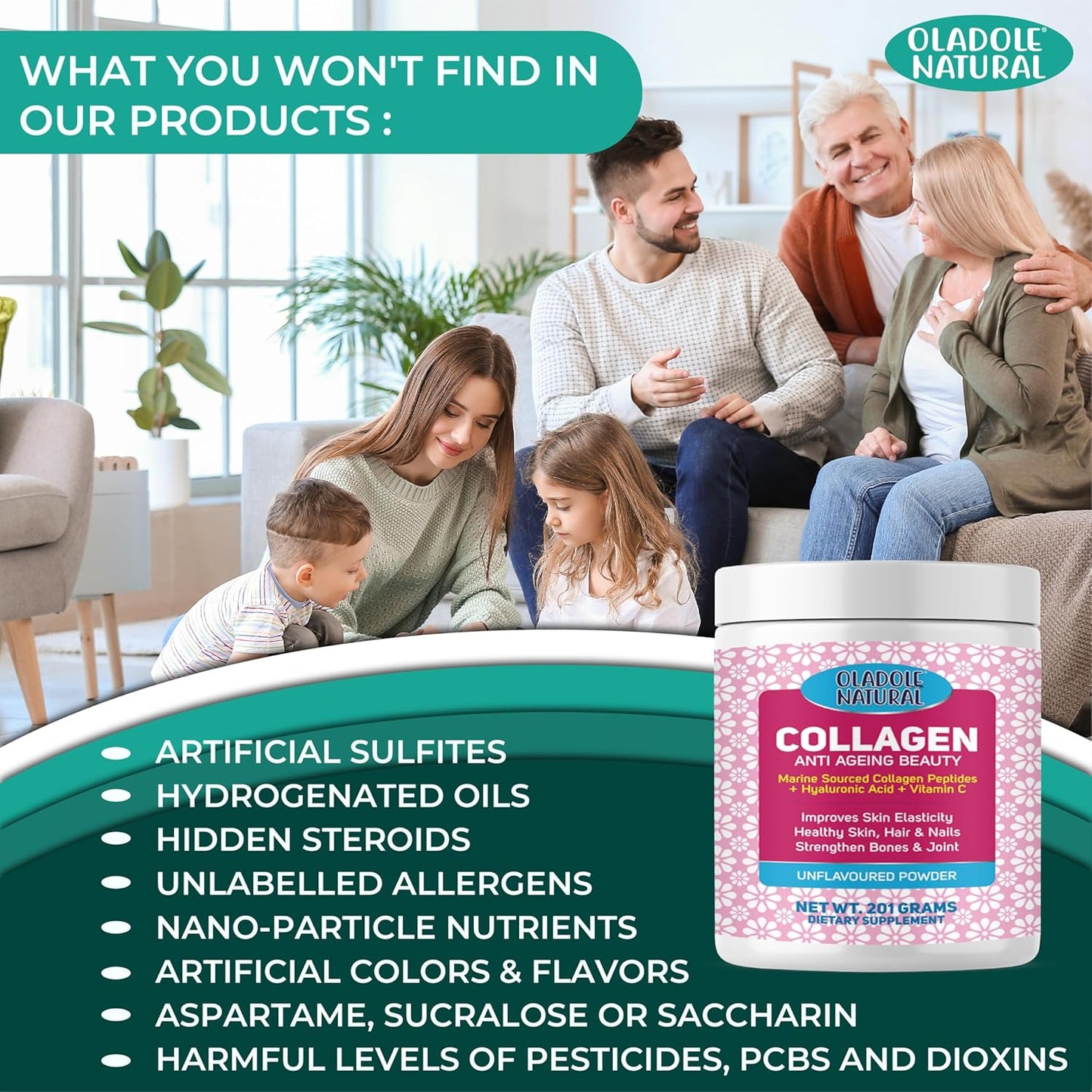 Oladole Natural Collagen Peptides Powder Enriched With Hyaluronic Acid - 201g | Premium Hydrolyzed Marine Collagen For Healthy Skin, Hair, Nails, Joints | Unflavored, Grass-Fed, Non-GMO - Medaid International