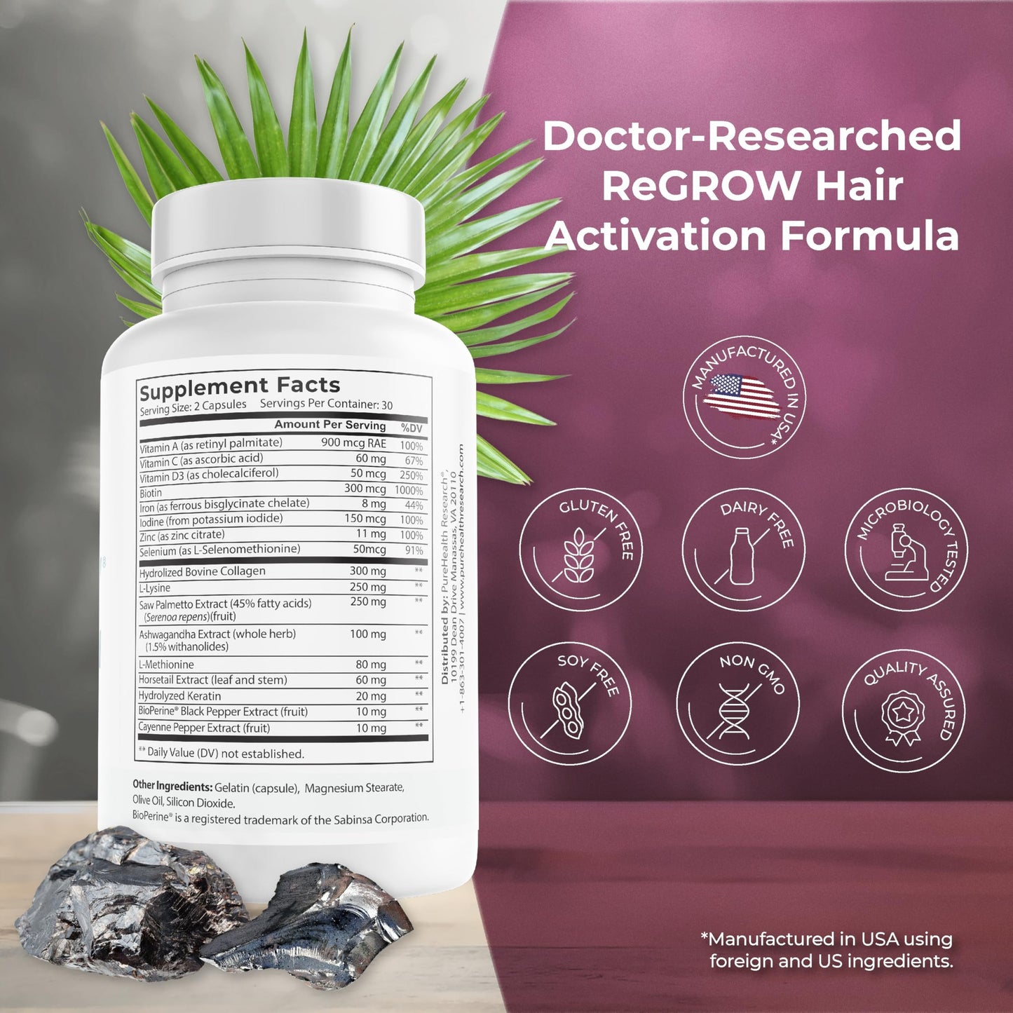PUREHEALTH RESEARCH ReGrow - Hair Growth Vitamins - with Saw Palmetto, Biotin, Collagen, Zinc, Iron, Iodine, Selenium & More - Hair Supplements for Women & Men - 60 Capsules - Medaid International