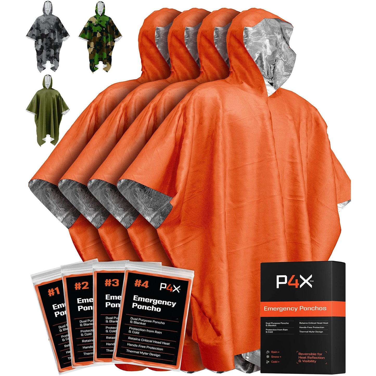 PREPARED4X Emergency Mylar Poncho – Survival Rain Poncho with Hood – Lightweight, Compact, Reusable Emergency Blanket Poncho for Hiking, Camping, Thermal Gear, Car Kit, Outdoors – 4 Pack (Orange)
