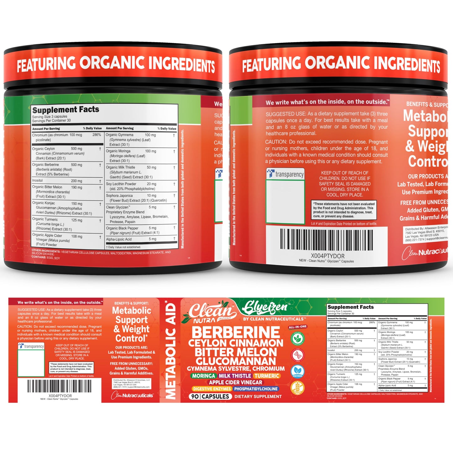 Clean Nutra Berberine and Ceylon Cinnamon Supplement Bitter Melon Glucomannan Gymnema Sylvestre Chromium Moringa Milk Thistle Turmeric Apple Cider Vinegar Digestive Enzymes Inositol Pills 90 Capsules - Medaid International