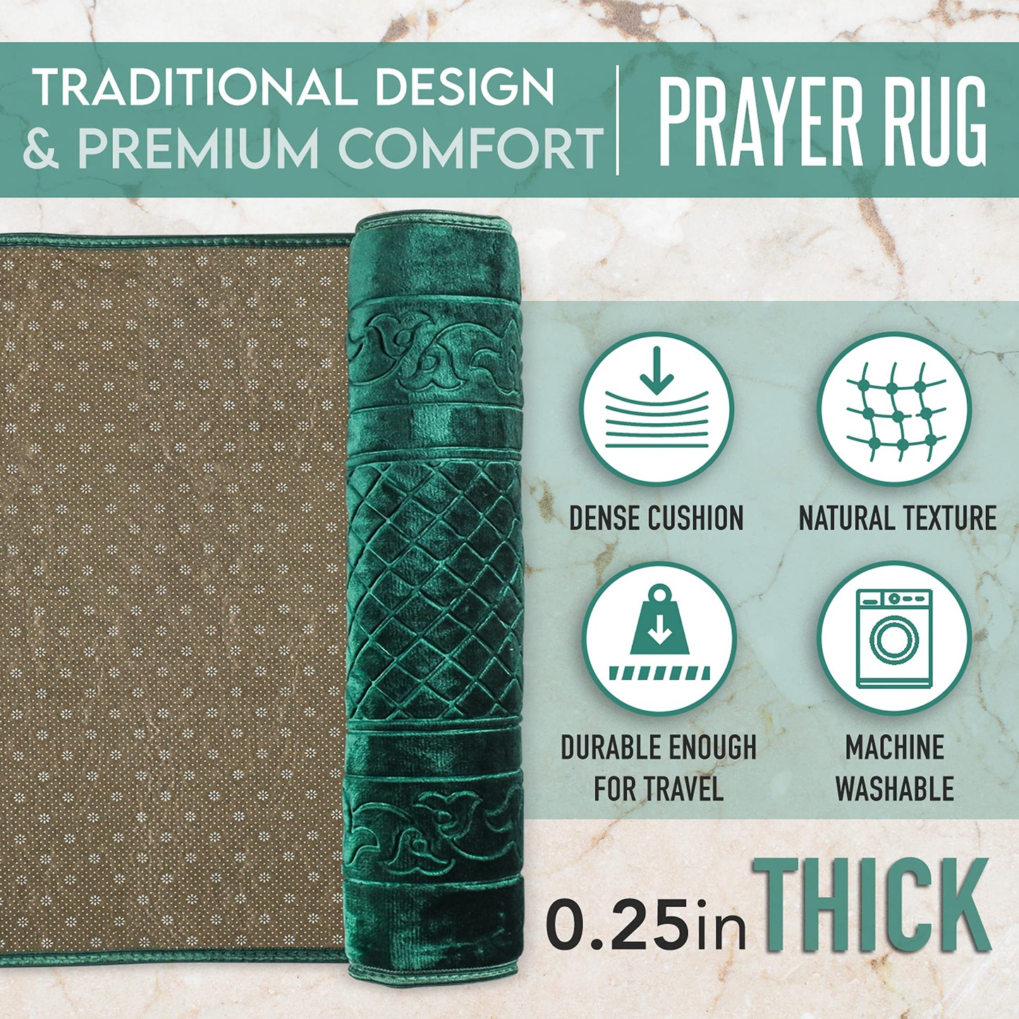 Truly Premium, Muslim Prayer Rug, Traditional Style, Large, Thick, and Padded Muslim Prayer Mat, 99 Prayer Beads and a Prayer Cap Included, Prayer Mats Muslim for Praying Men, Women, and Kids (Green) - Medaid International