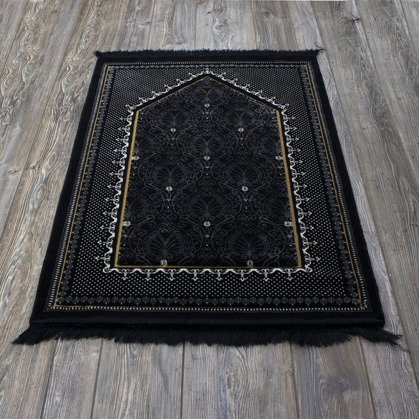 Modefa Turkish Islamic Velvet Prayer Rug - Thick & Wide Soft Carpet for Men & Women - Large Muslim Salah Mat - Ramadan & Eid Gift - with Car Hanger - Double Plush Topkapi (Black) - Medaid International