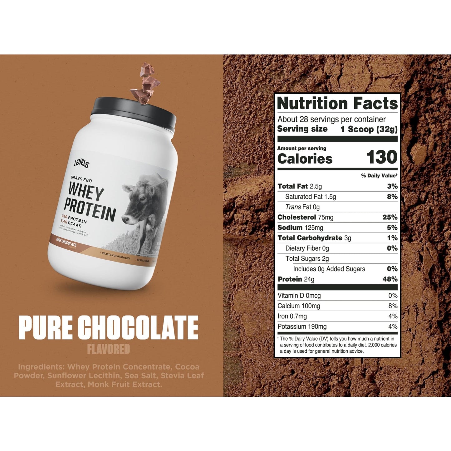 Levels Grass Fed Whey Protein Powder, No Artificials, 24G of Protein, Pure Chocolate, 2LB - Medaid International