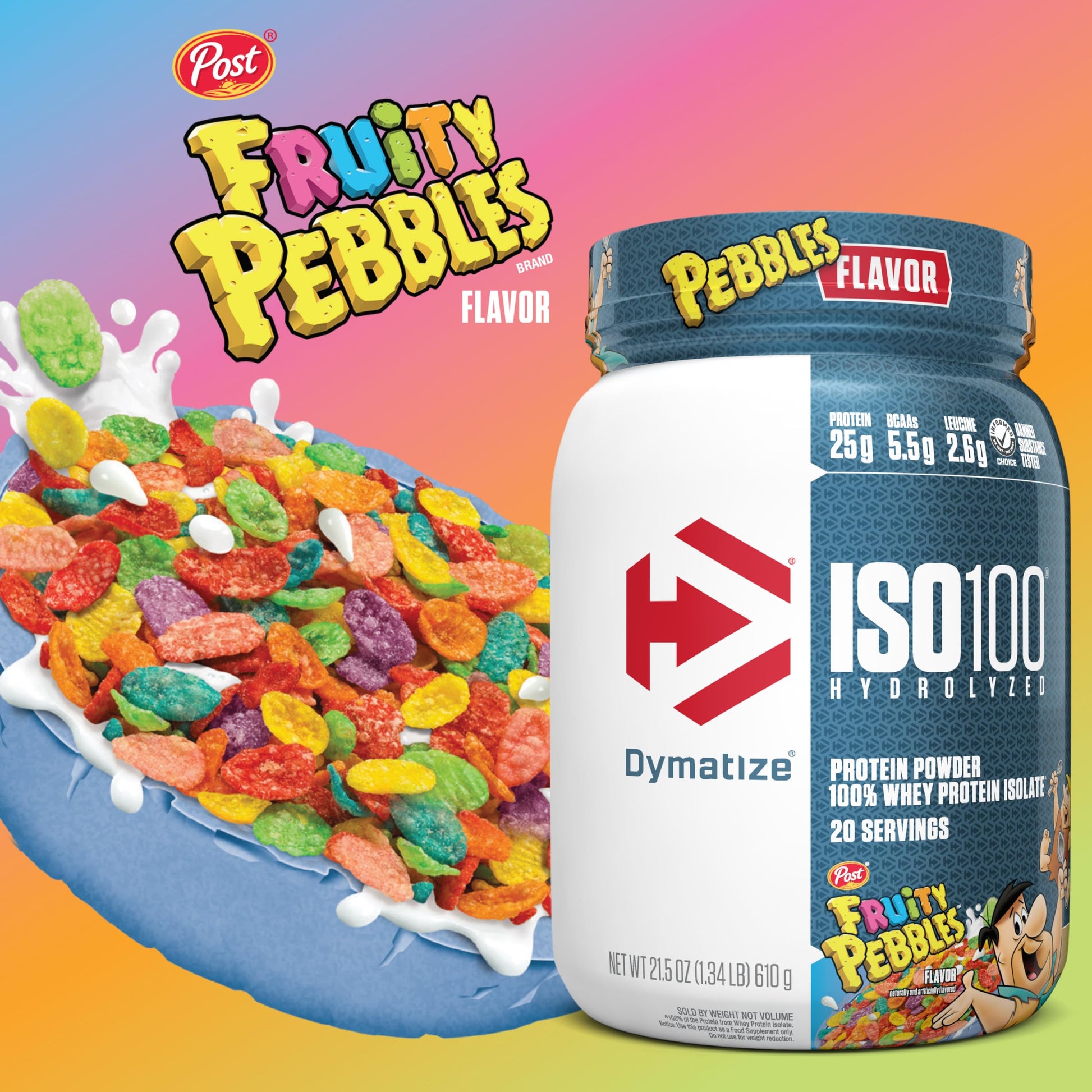 Dymatize x Fruity Pebbles ISO100 Whey Protein Powder Isolate, 25g of Protein, 5.5g BCAAs, 120 Cal., Gluten Free, 1g Fat, 1g Sugar, 2g Carb (20 Servings) - Medaid International