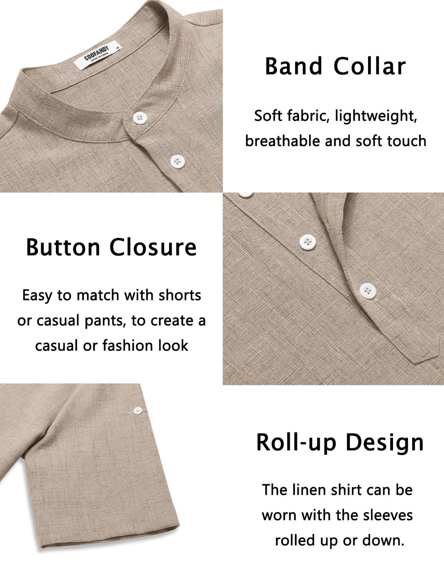 COOFANDY Men's Cotton Linen Henley Shirt Short Sleeve Hippie Casual Band Collar Summer Beach T-Shirts Khaki - Medaid International