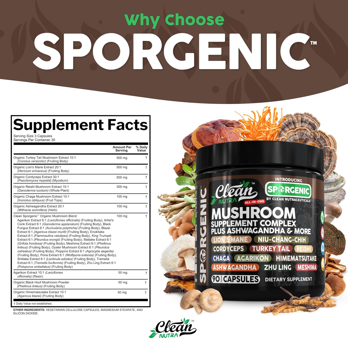 Organic Mushroom Supplement | Ashwagandha Lions Mane Cordyceps Turkey Tail Reishi Mushrooms Maca Root Black Hoof Chaga Tremella Agarikon Shiitake Oyster Powder Capsules Sporgenic by Clean Nutra (1) - Medaid International