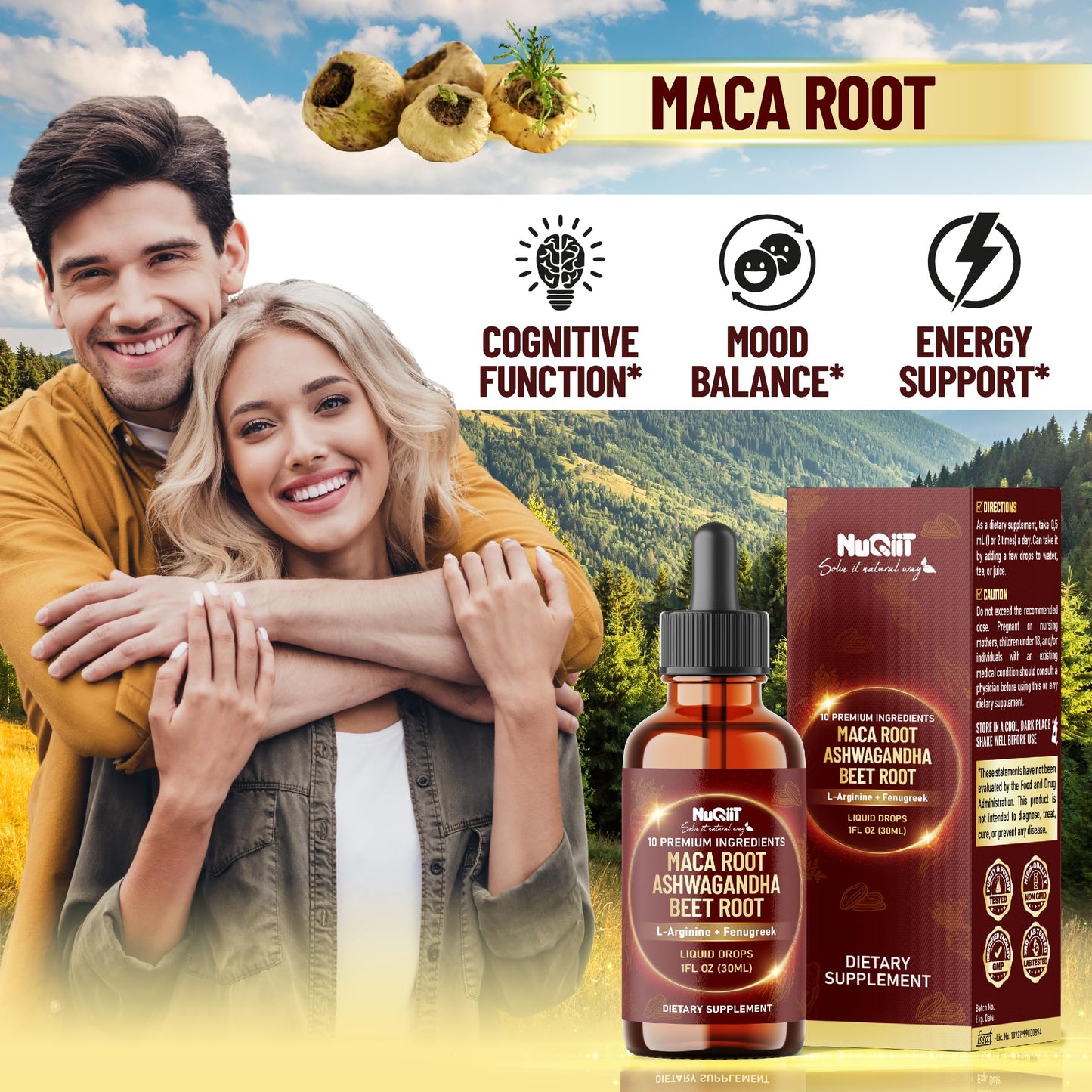 NUQIIT 10in1 Maca Root Liquid Drops with Ashwagandha, Fenugreek, Beet Root and L-Arginine Liquid for Women and Men - 1 FL Oz - 60 Day Supply - Medaid International