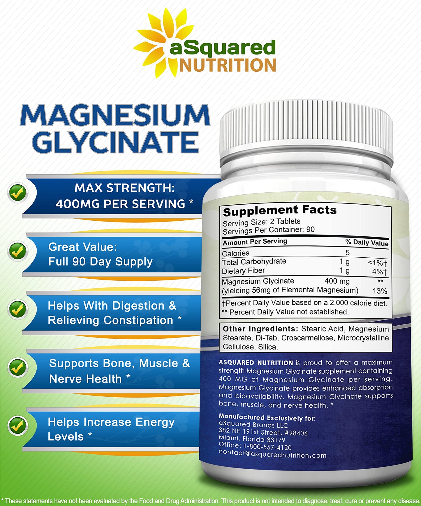 aSquared Nutrition Magnesium Glycinate 400mg - 180 Tablets - Max Strength Magnesium Bisglycinate Supplement -Maximum Bioavailability & Absorption-Non-GMO -Not Buffered-Supports Muscles, Bones & Heart - Medaid International