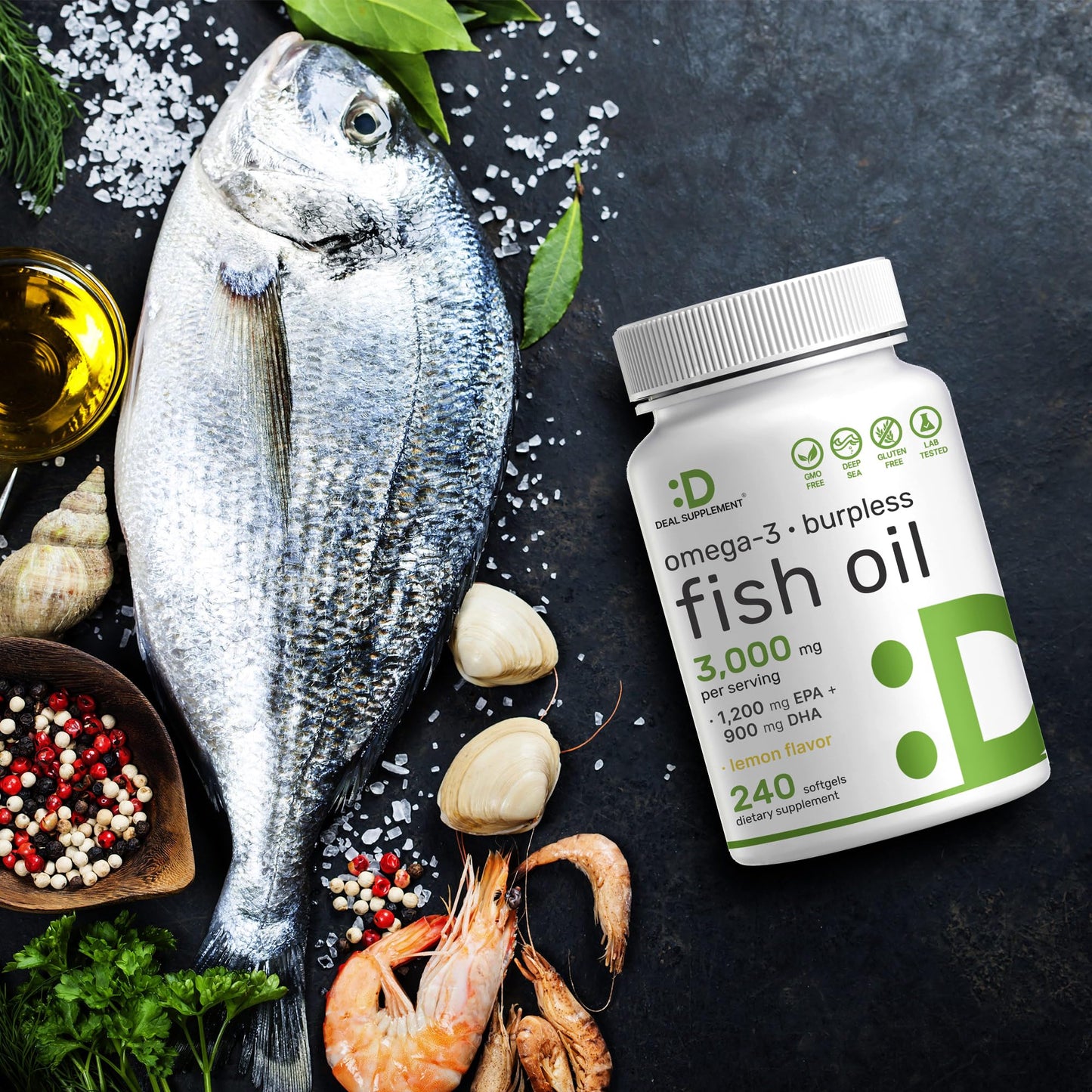 DEAL SUPPLEMENT Omega 3 Fish Oil Supplements, 3,000mg Per Serving, 240 Softgels – EPA 1,200mg + DHA 900mg – Burpless Pills, Lemon Flavored, Wild Caught – Brain & Heart Support – Mercury Free, Non-GMO - Medaid International