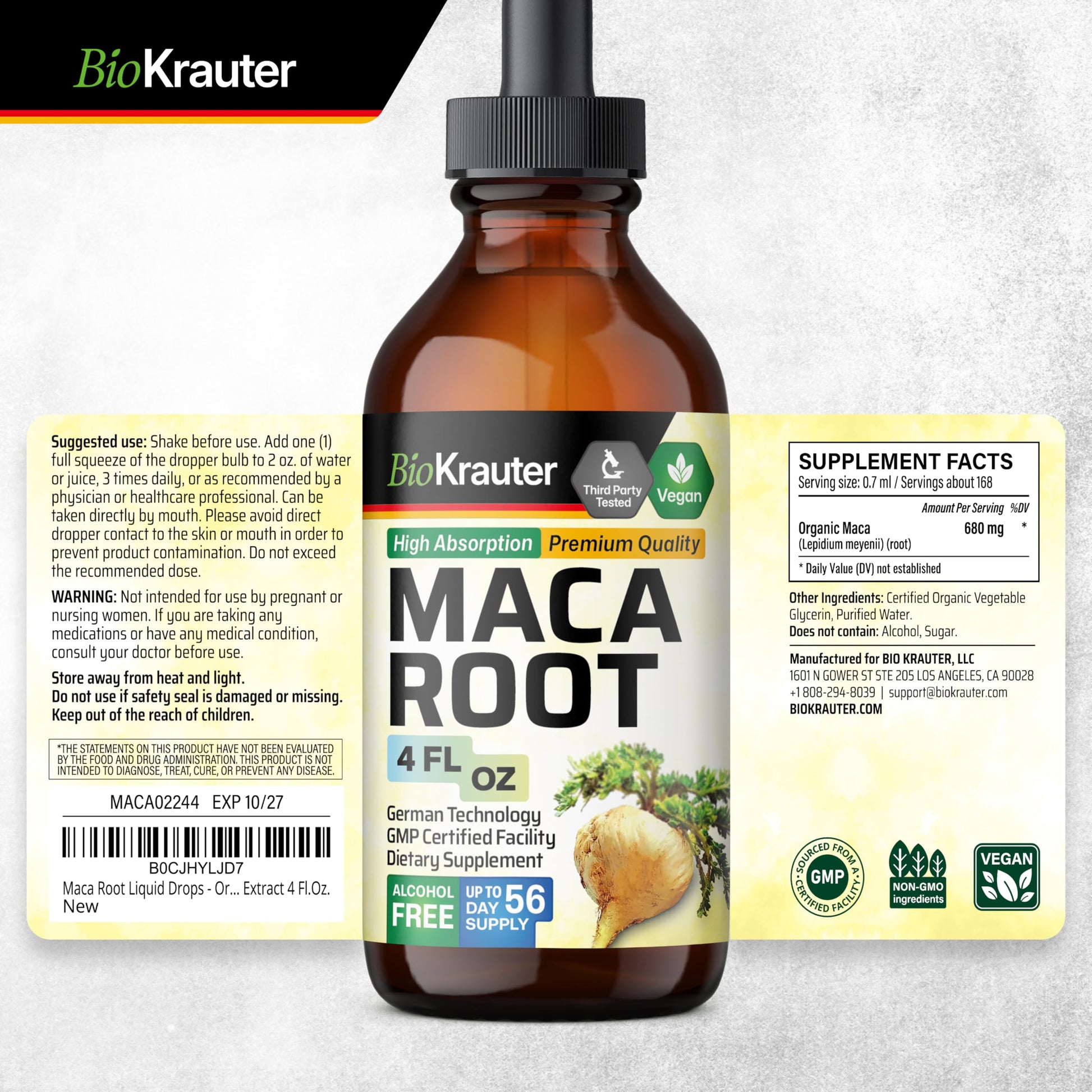 BIO KRAUTER Maca Root Liquid Drops - Maca Extract Tincture - Vegan, Sugar & Alcohol Free Extract 4 Fl.Oz. - Medaid International