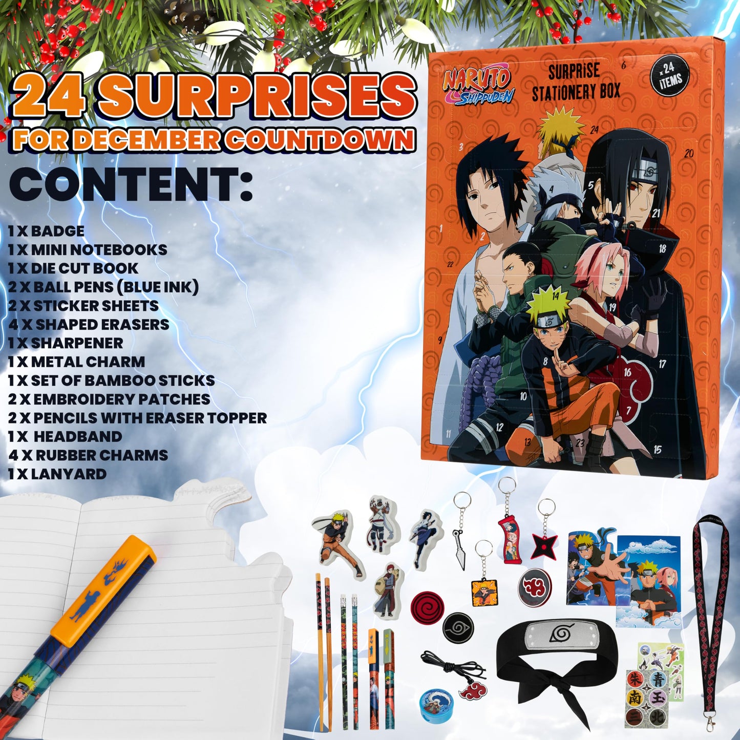 Naruto Advent Calendar 2025 for Kids, Teens, 24 Christmas Countdown Items with Leaf Village Headband, Keychain, Anime, Manga Gifts for Boys - Medaid International