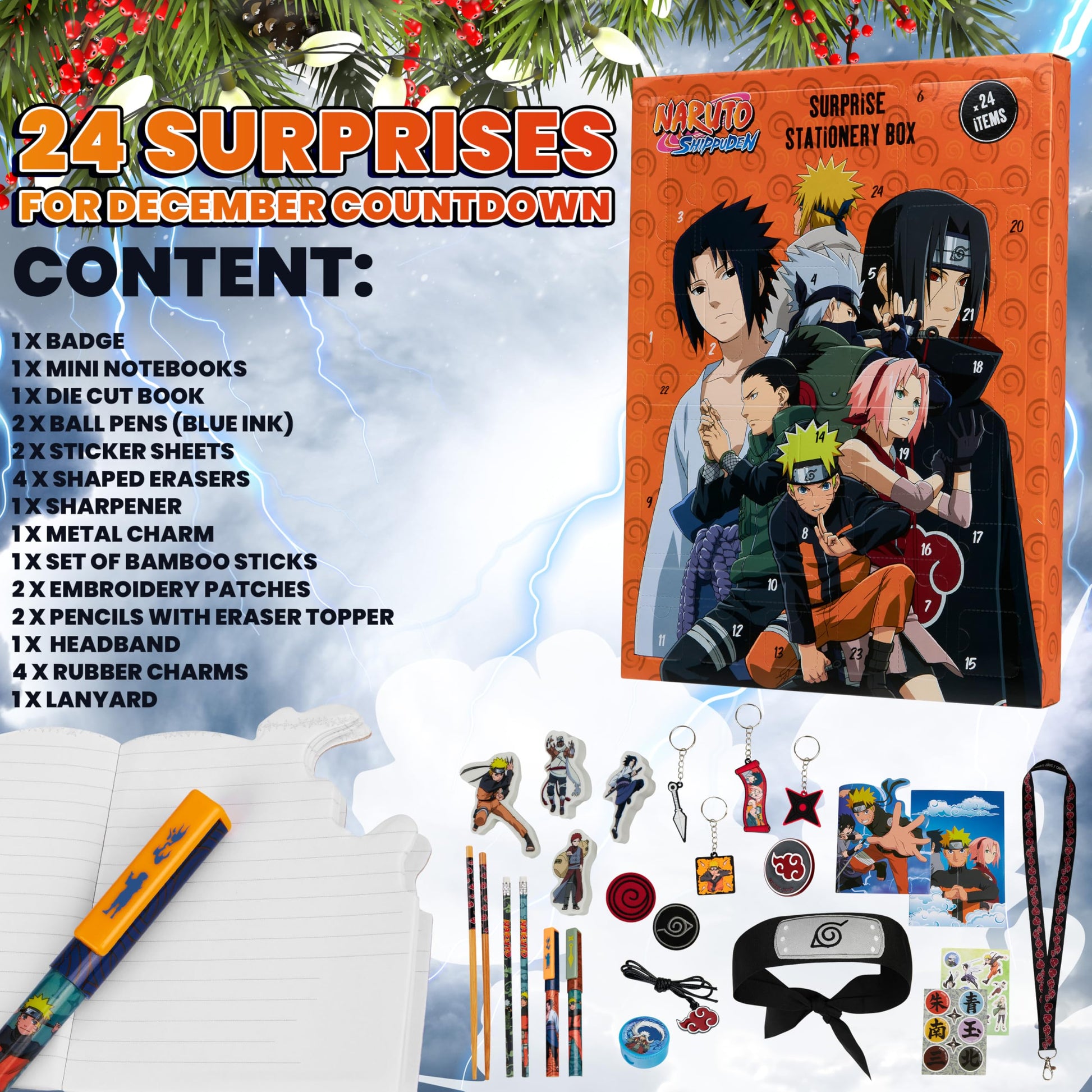 Naruto Advent Calendar 2025 for Kids, Teens, 24 Christmas Countdown Items with Leaf Village Headband, Keychain, Anime, Manga Gifts for Boys - Medaid International