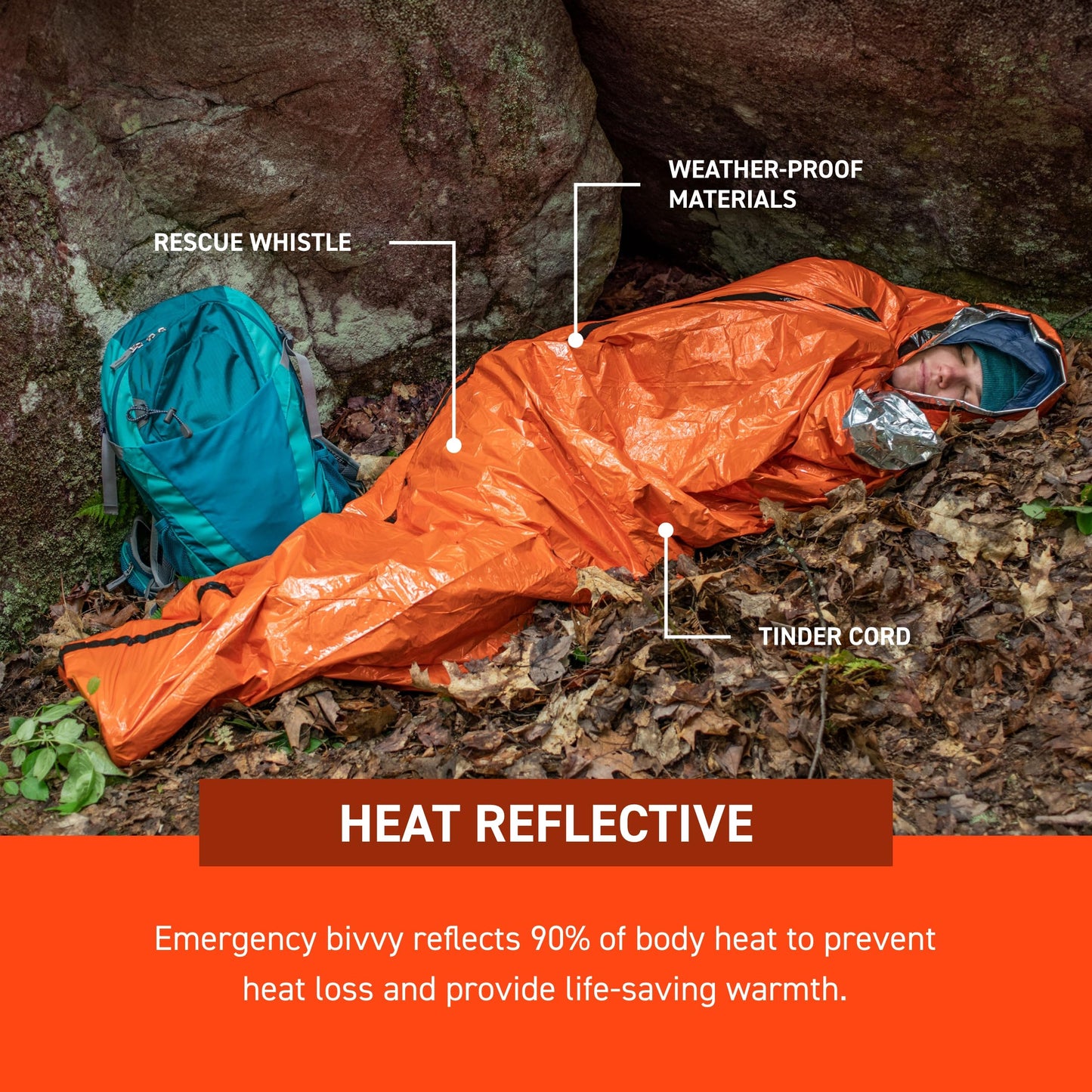 Survive Outdoors Longer 90% Emergency Bivvy - Comes with Survival Whistle & Tinder Paracord Drawstring - Add to Emergency Kit & Hiking Gear - Waterproof, Windproof & Tear-Resistant