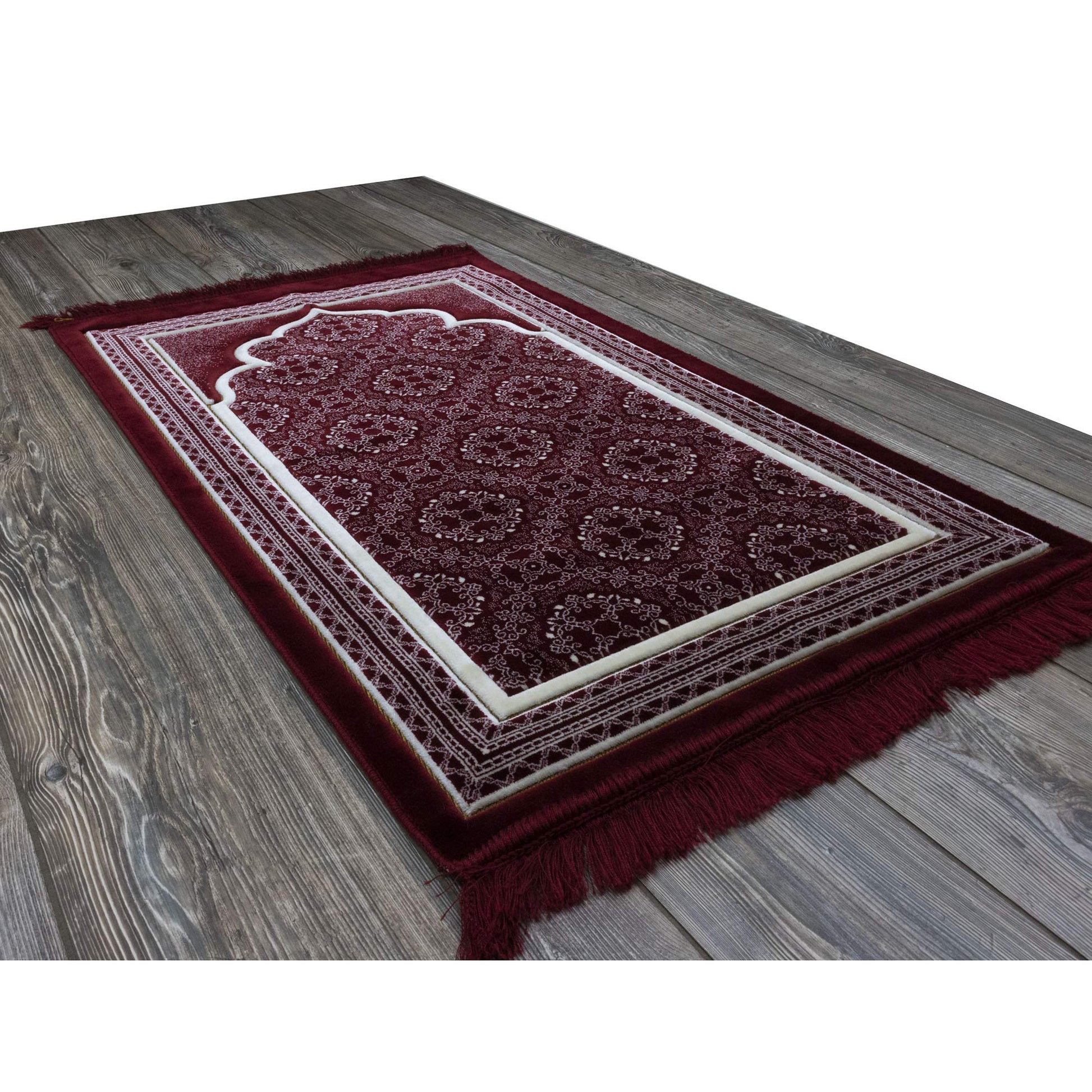 Modefa Turkish Islamic Prayer Rug - Soft Velvet Janamaz Praying Carpet - Comfortable Muslim Praying Mat for Men & Women - Ramadan or Eid Gift - with Kufi Prayer Cap - Elegant Swirl (Red) - Medaid International