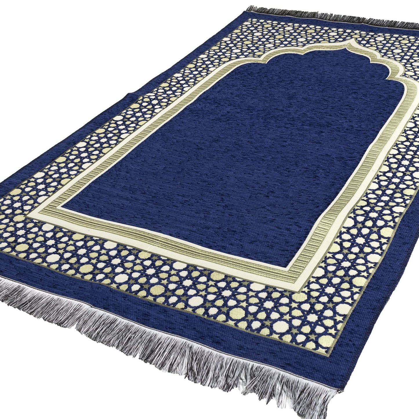 Modefa Turkish Islamic Prayer Mat - Thin Woven Chenille Sajjadah - Intricate Praying Rug Ramadan Eid Gift - Traditional Muslim Janamaz Sajada for Men Women - Geometric Selcuk Star (Royal Blue) - Medaid International