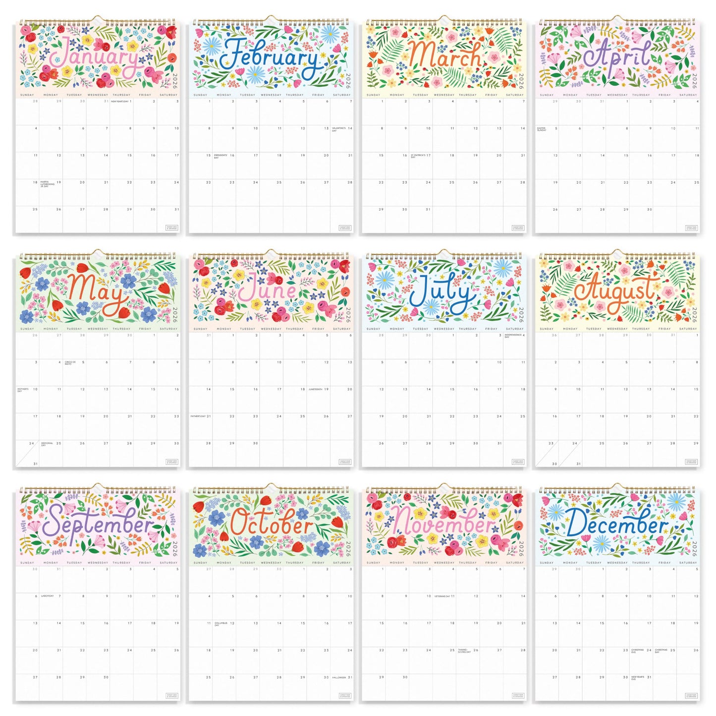 S&O Five Color Floral Wall Calendar from July 2025-Dec 2026 - Tear-Off Monthly Calendar - 18 Month Academic Wall Planner - Hanging Organizer to Track Anniversaries & Appointments - 13.5"x10.5”in - Medaid International