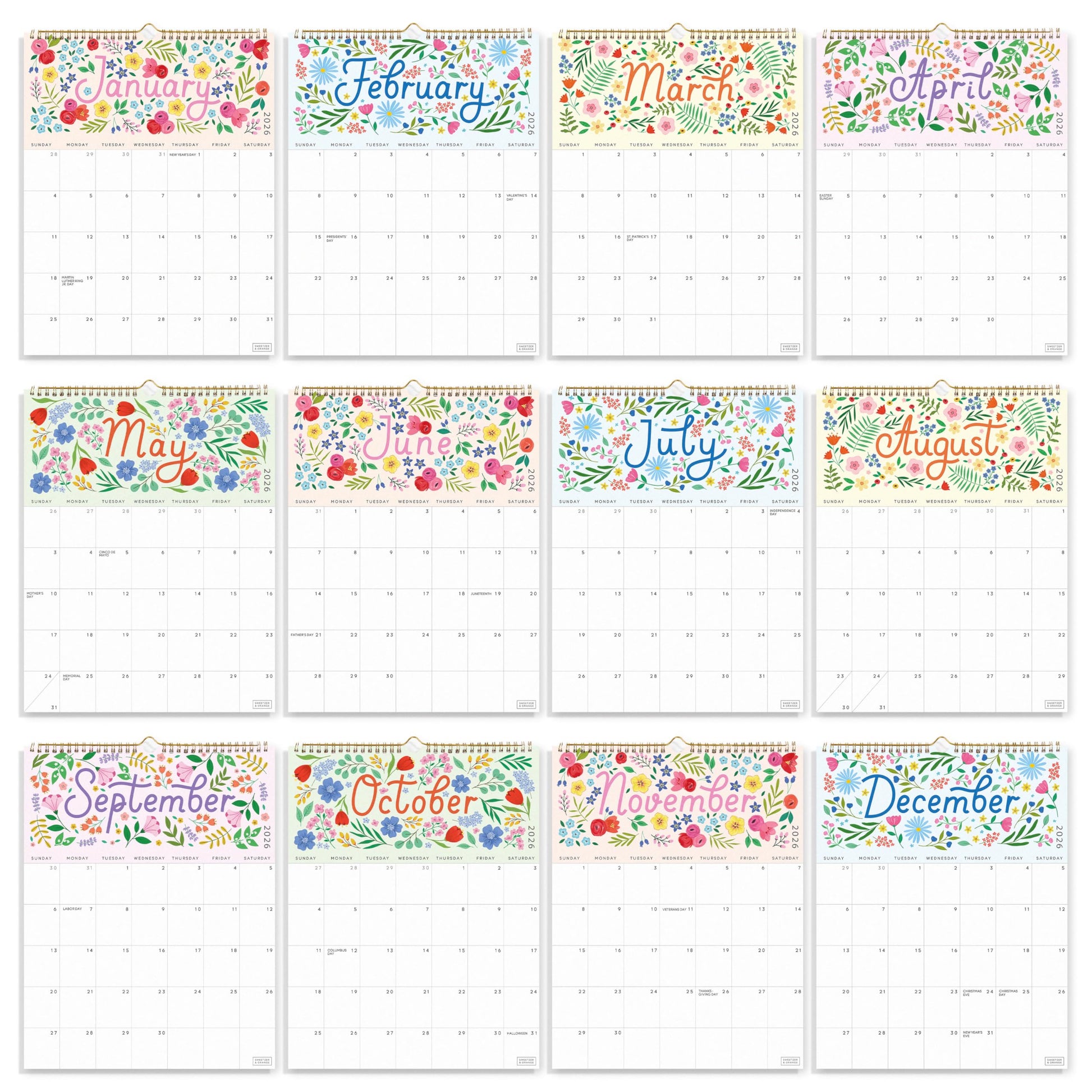 S&O Five Color Floral Wall Calendar from July 2025-Dec 2026 - Tear-Off Monthly Calendar - 18 Month Academic Wall Planner - Hanging Organizer to Track Anniversaries & Appointments - 13.5"x10.5”in - Medaid International