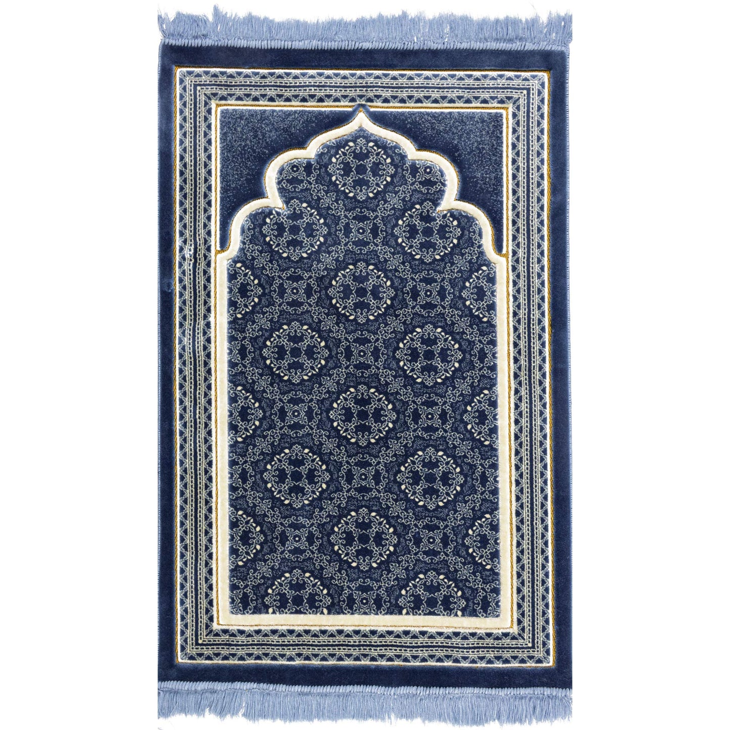 Modefa Turkish Islamic Prayer Rug - Soft Velvet Janamaz Praying Carpet - Comfortable Muslim Praying Mat for Men & Women - Ramadan or Eid Gift - with Kufi Prayer Cap - Elegant Swirl (Blue) - Medaid International