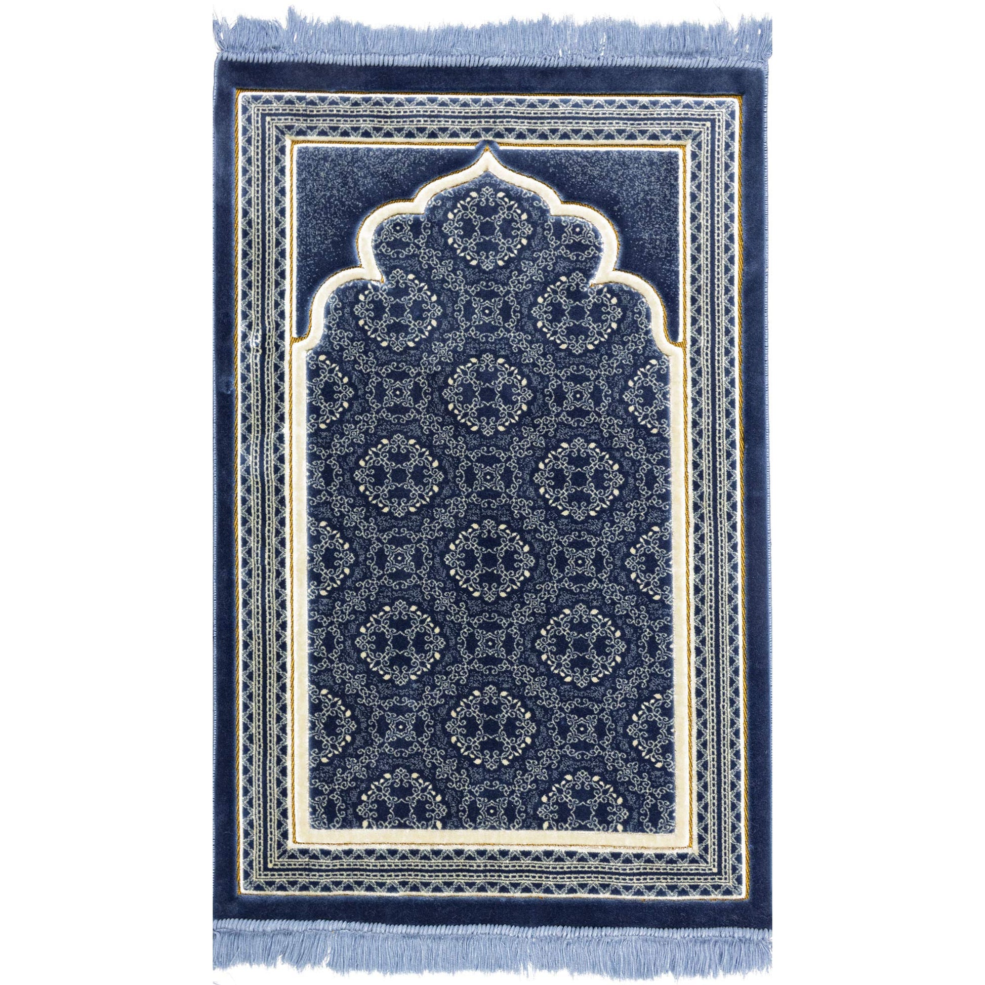 Modefa Turkish Islamic Prayer Rug - Soft Velvet Janamaz Praying Carpet - Comfortable Muslim Praying Mat for Men & Women - Ramadan or Eid Gift - with Kufi Prayer Cap - Elegant Swirl (Blue) - Medaid International