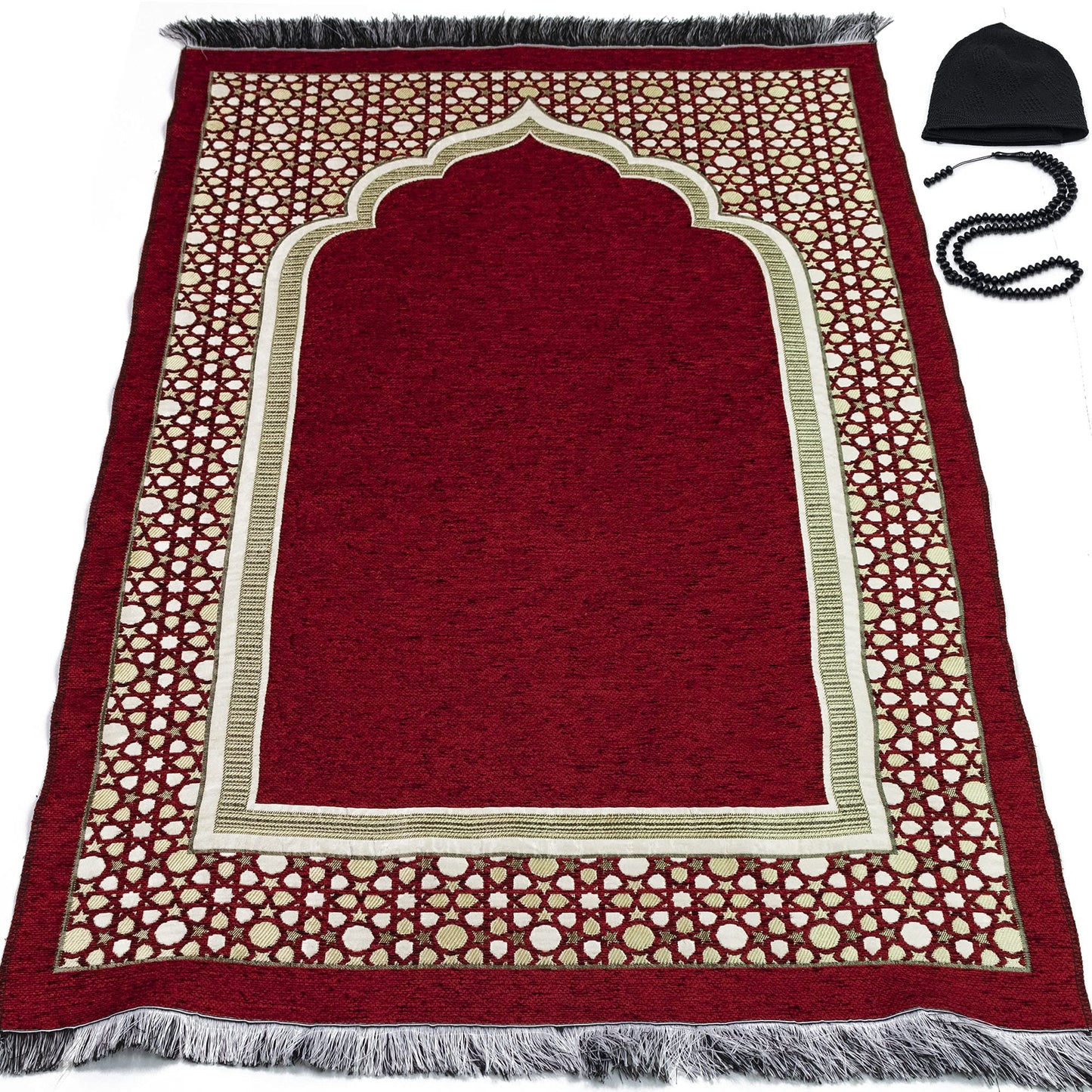 Modefa Turkish Islamic Prayer Mat - Thin Woven Chenille Sajjadah - Intricate Praying Rug Ramadan Eid Gift - Traditional Muslim Janamaz Sajada for Men Women - Geometric Selcuk Star (Red) - Medaid International