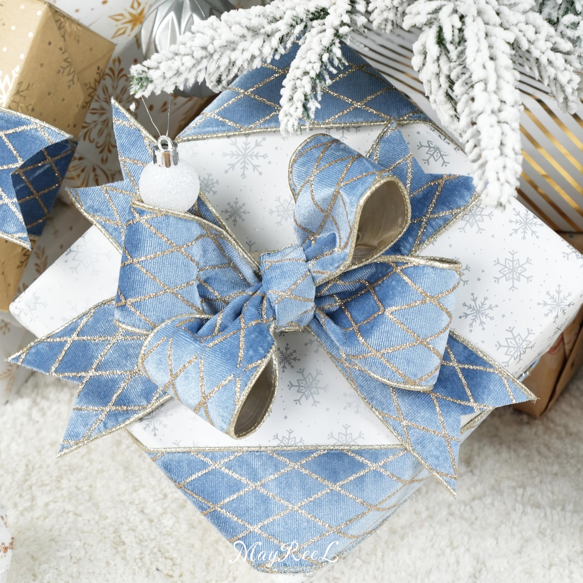 MAYREEL 2.5 Inch Dusty Blue and Gold Velvet Wired Ribbon Metallic Diamond Glitter Grid for Christmas Gift Wrapping Floral Craft Bows Wreaths Garland Holiday Decor 10 Yards - Medaid International