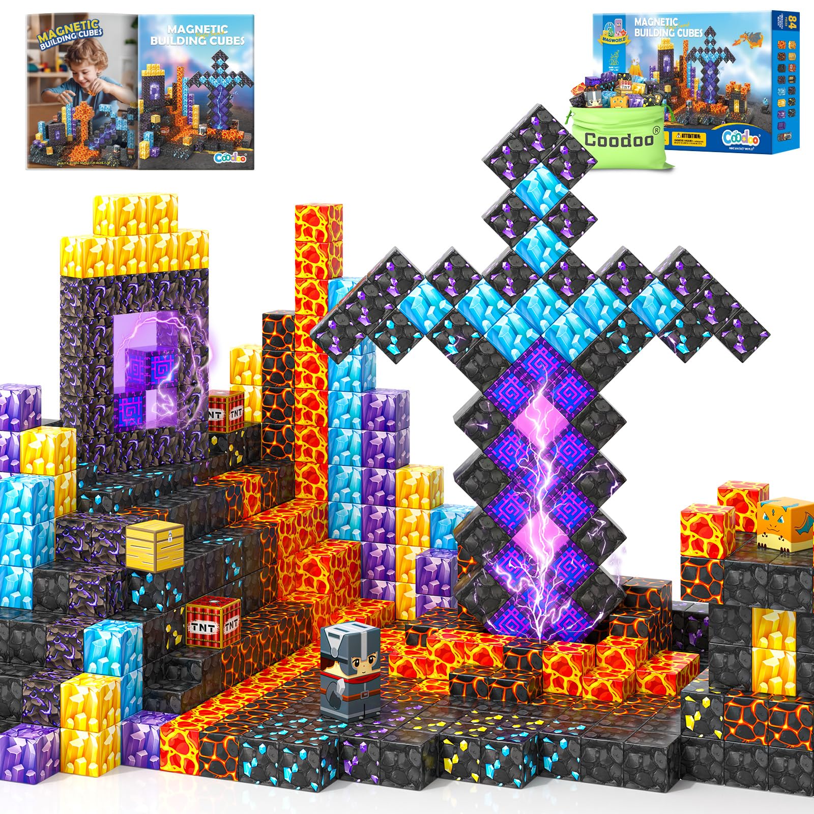 Coodoo Magnetic Blocks - Build Mine Magnet World Magic Sword Portal Set, Building Toys Magnetic Tiles for Kids 3+, Classroom Must Haves Sensory Toddlers Toys Kids Games Gift for Boys & Girls 3-5 5-7 - Medaid International