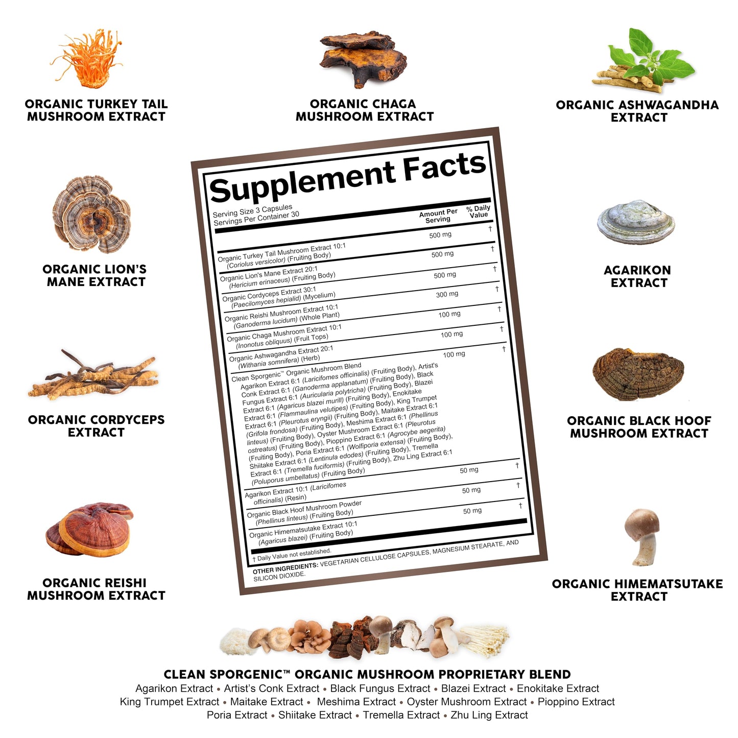 Organic Mushroom Supplement | Ashwagandha Lions Mane Cordyceps Turkey Tail Reishi Mushrooms Maca Root Black Hoof Chaga Tremella Agarikon Shiitake Oyster Powder Capsules Sporgenic by Clean Nutra (1) - Medaid International