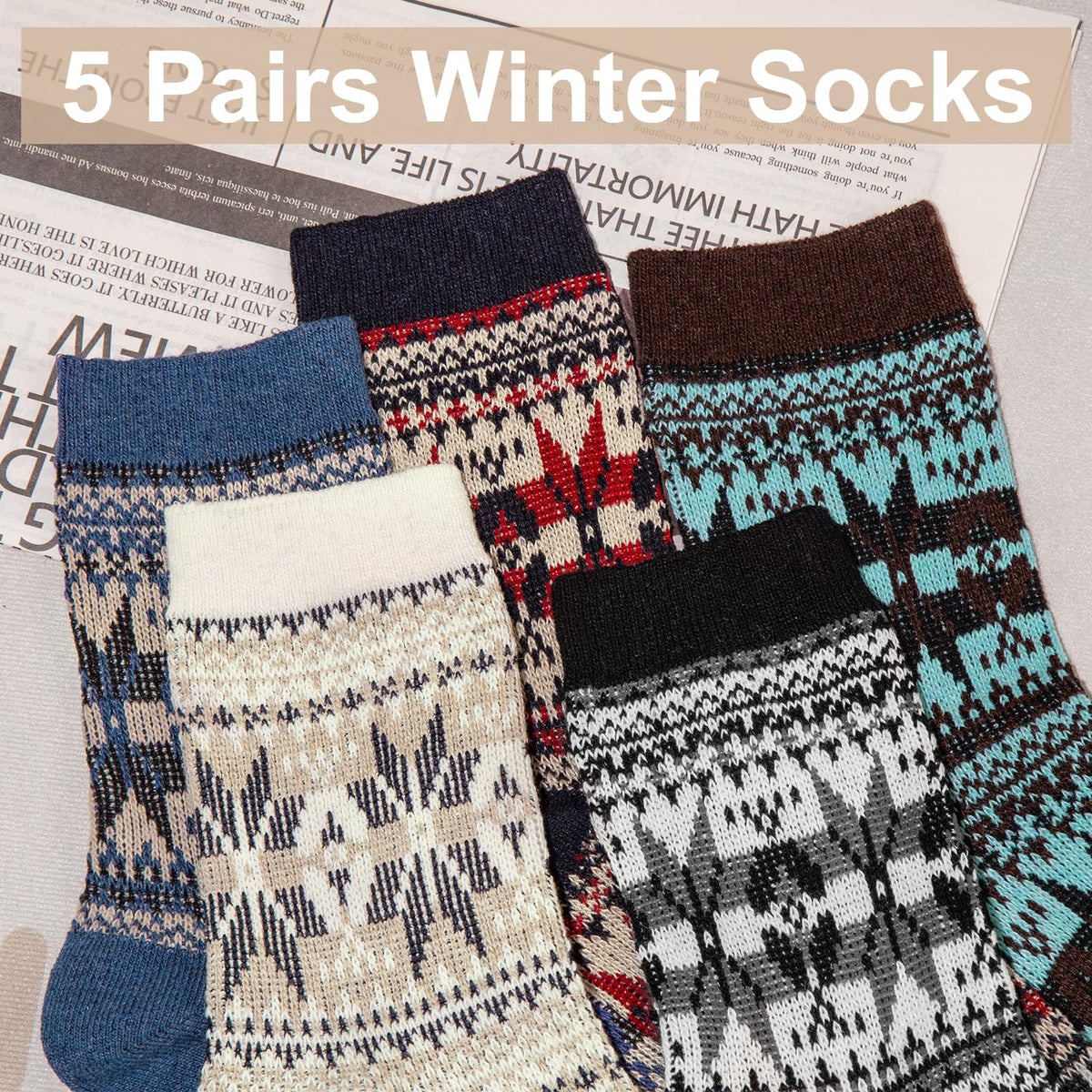 TERRIFI 5 Pairs Womens Thermal Socks, 4-8 Size Knitting Ladies Socks, Soft Warm Socks for Women, Multicoloured for Home