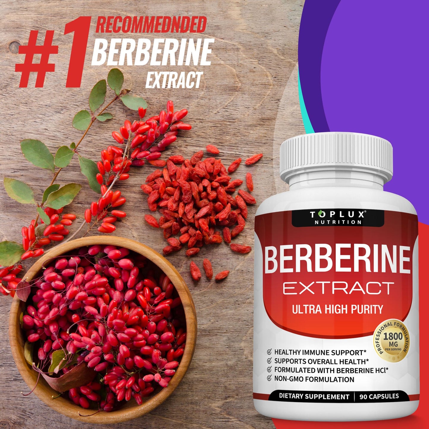 Berberine Supplement 1800mg - Berberine HCL 97% Tested Ultra High Purity Premium Berberine Extract to Support Overall Health, High Potency Berberine Plus Non-GMO Vegan Men Women, 90 Capsules - Medaid International