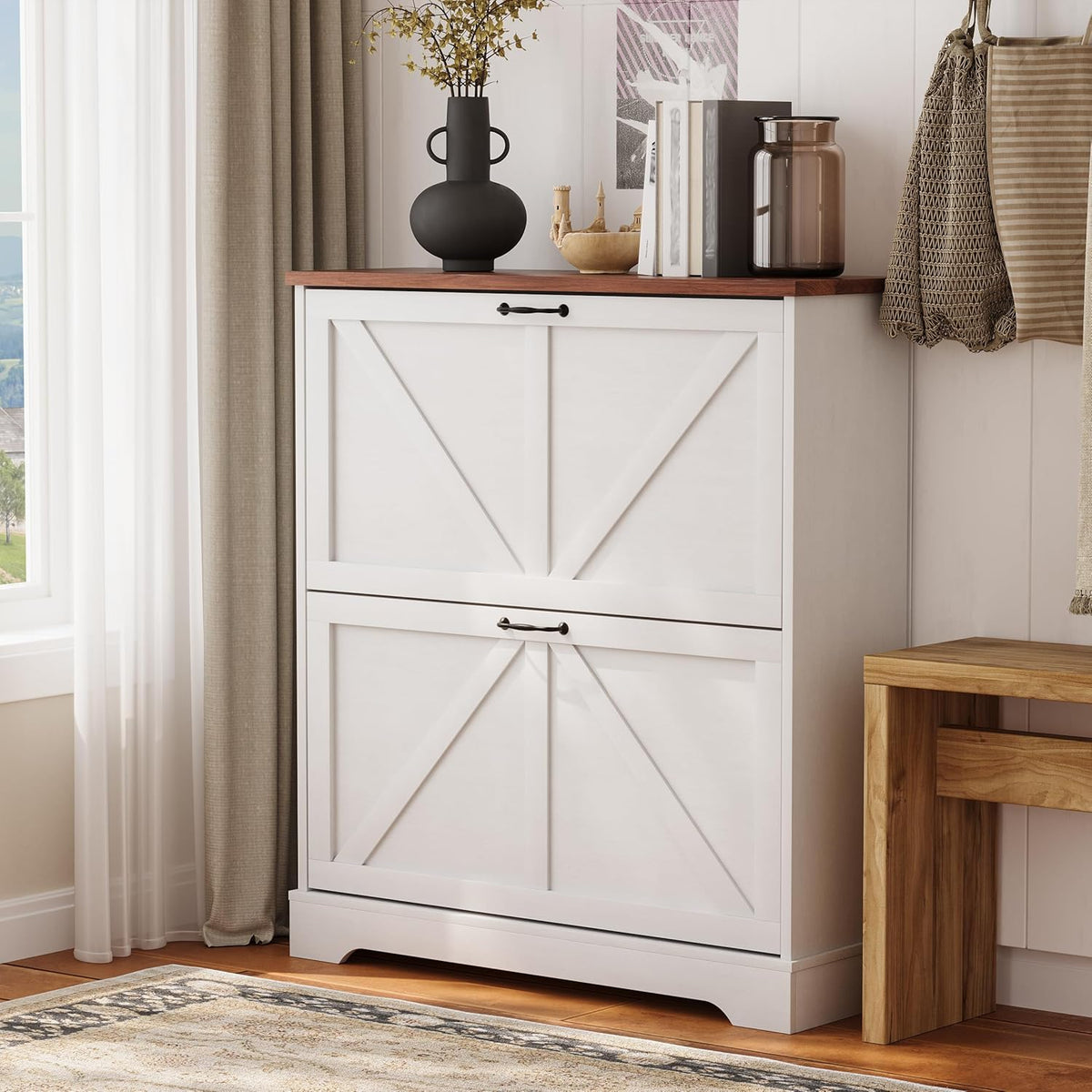 Farmhouse Shoe Storage Cabinet with 2 Flip Drawers (202665c)