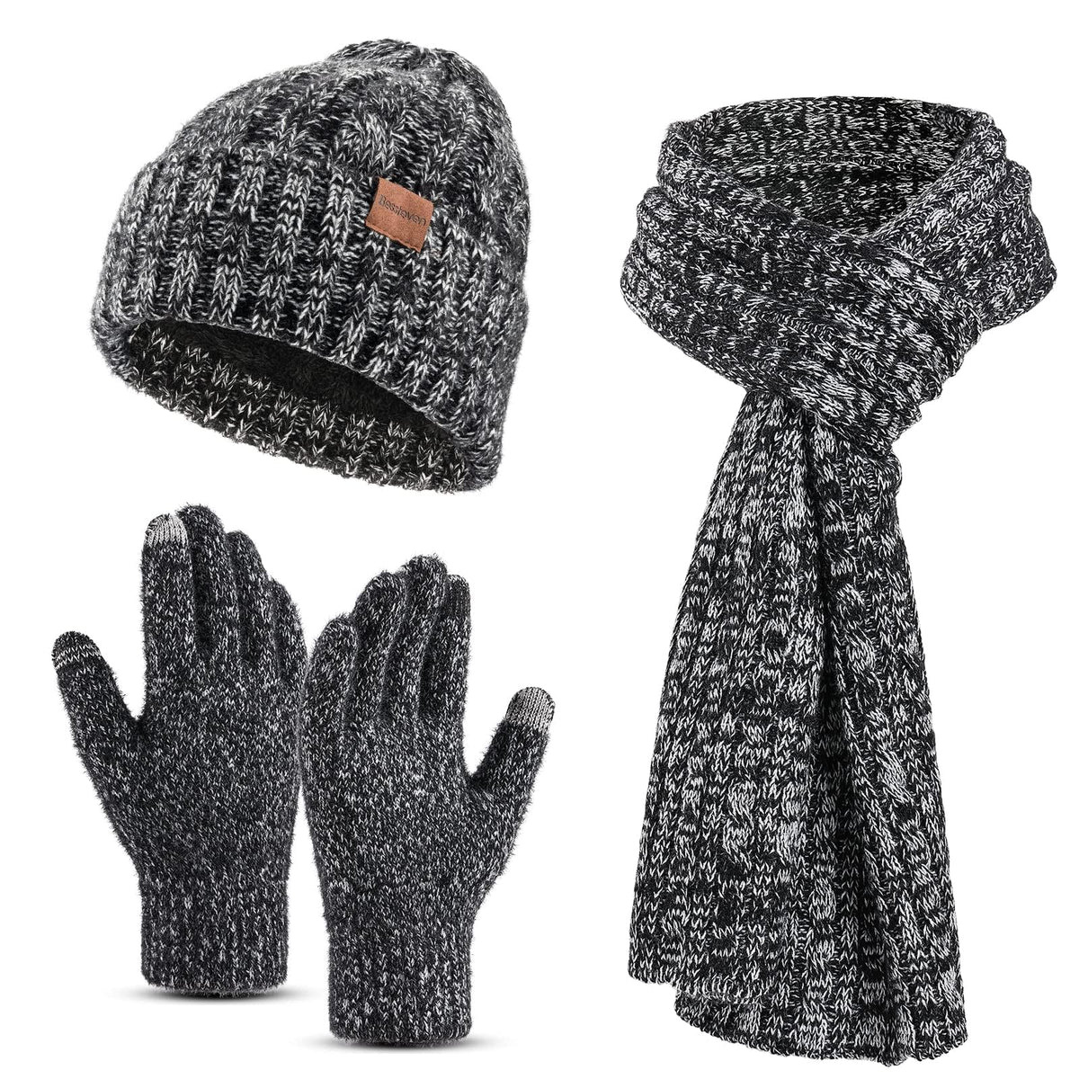 KASTWAVE 3PCS Winter Warm Hat Scarf Gloves Set, Beanie Warm Cotton Scarves, Winter Beanie Hat Scarf Gloves Set For Women Men